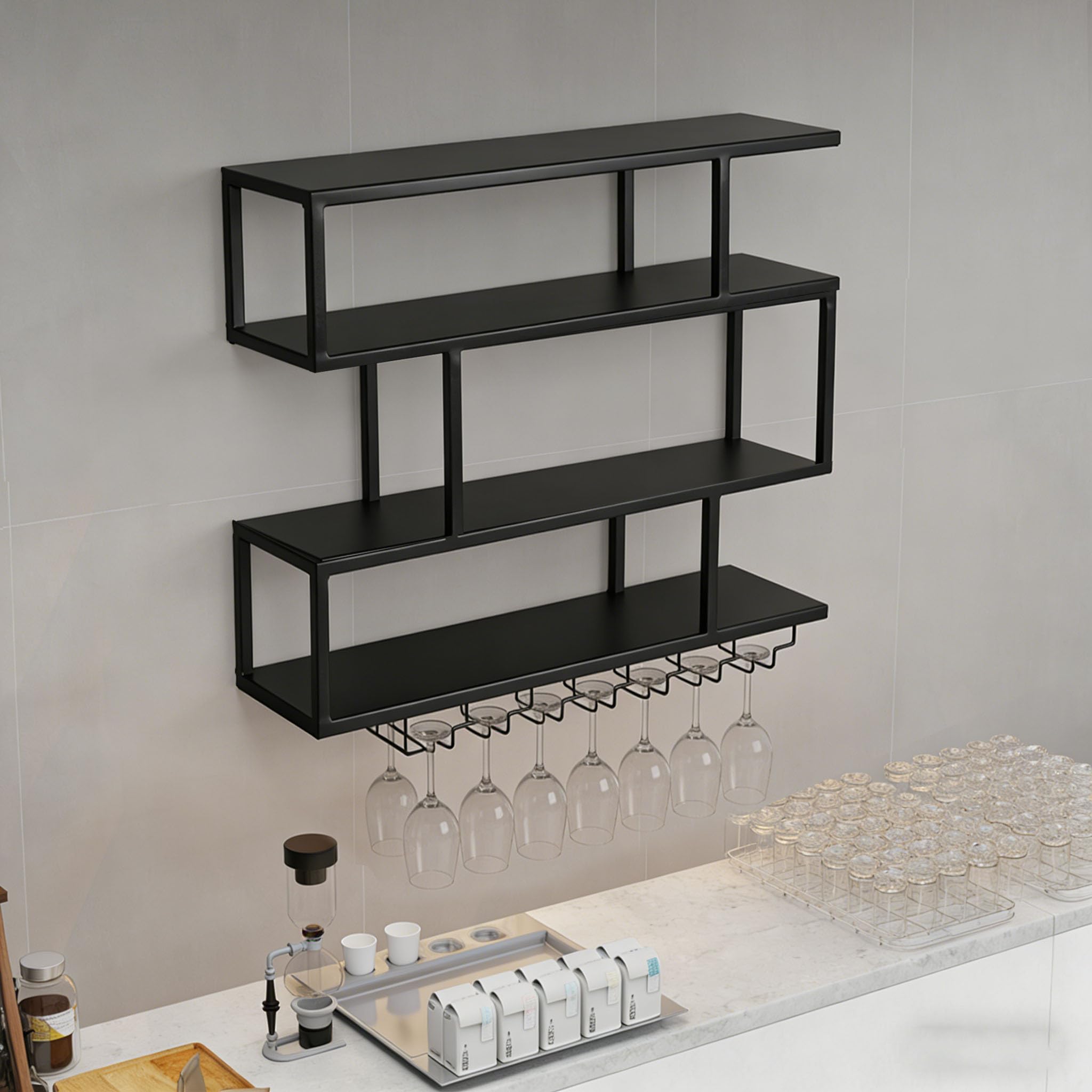 100cm Portabottiglie da Parete in Metallo, 3 Livelli Porta bottiglie Da Vino Con Ripiano Espositivo e Illuminazione LED, Mensola per vino Per Casa, Bar, Ristorante (180cm)