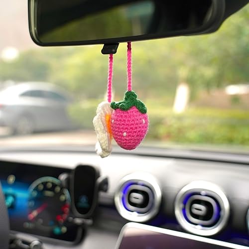 Cute Crochet car Mirror Decor Hanging Ornament Pink Strawberry Flower Interior Handmade Knitted Rear View Mirror Car Accessories for Women Girls Pendantscar Decorations Gift