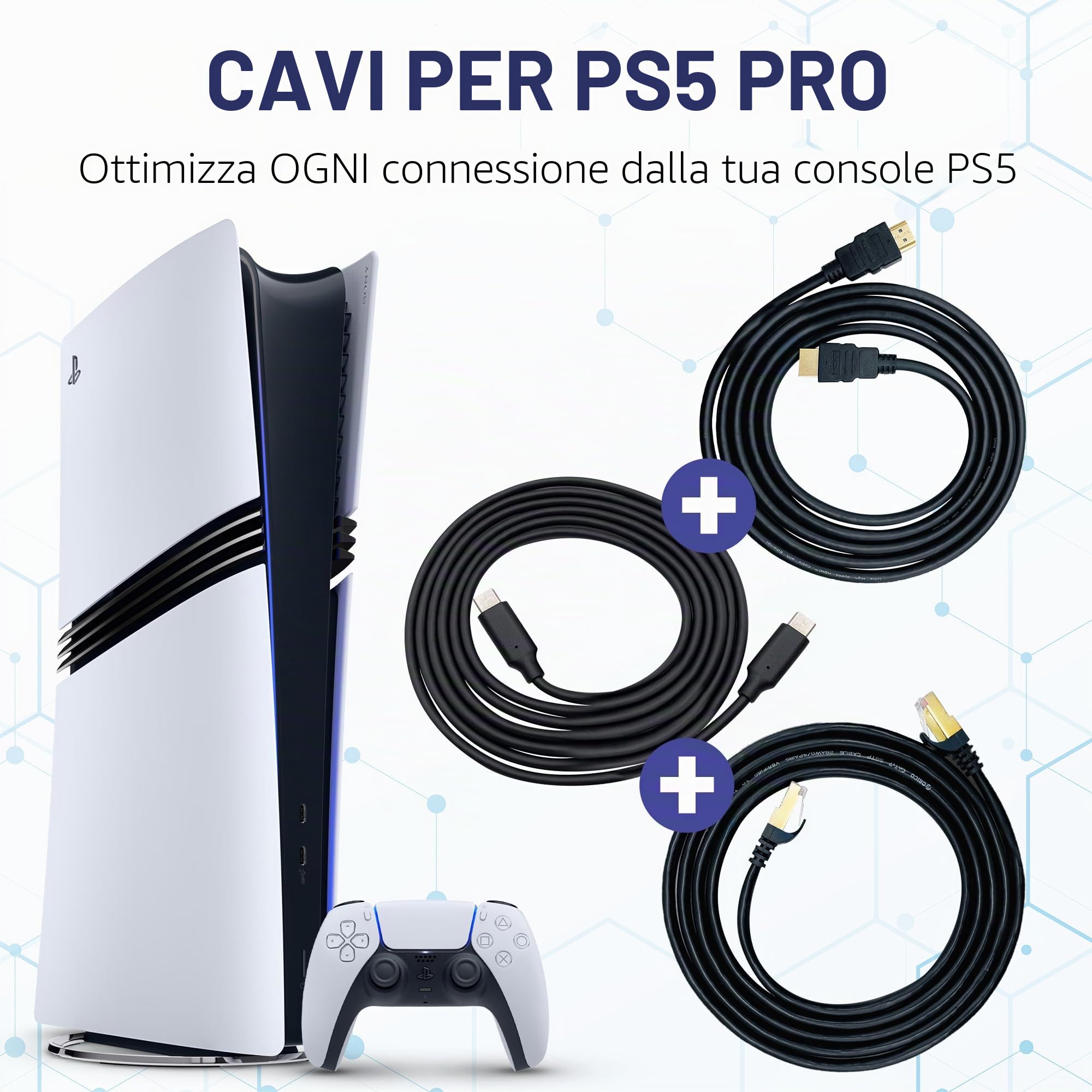 BrightOn® Pacchetto di cavi ottimizzato compatibile con PS5 PRO | 8K HDMI 2.1 HDR 8K@60Hz/4K@120Hz | Cavo Ethernet CAT 7 Super High Speed | Cavo di ricarica rapida (3.1 USB C a USB C)