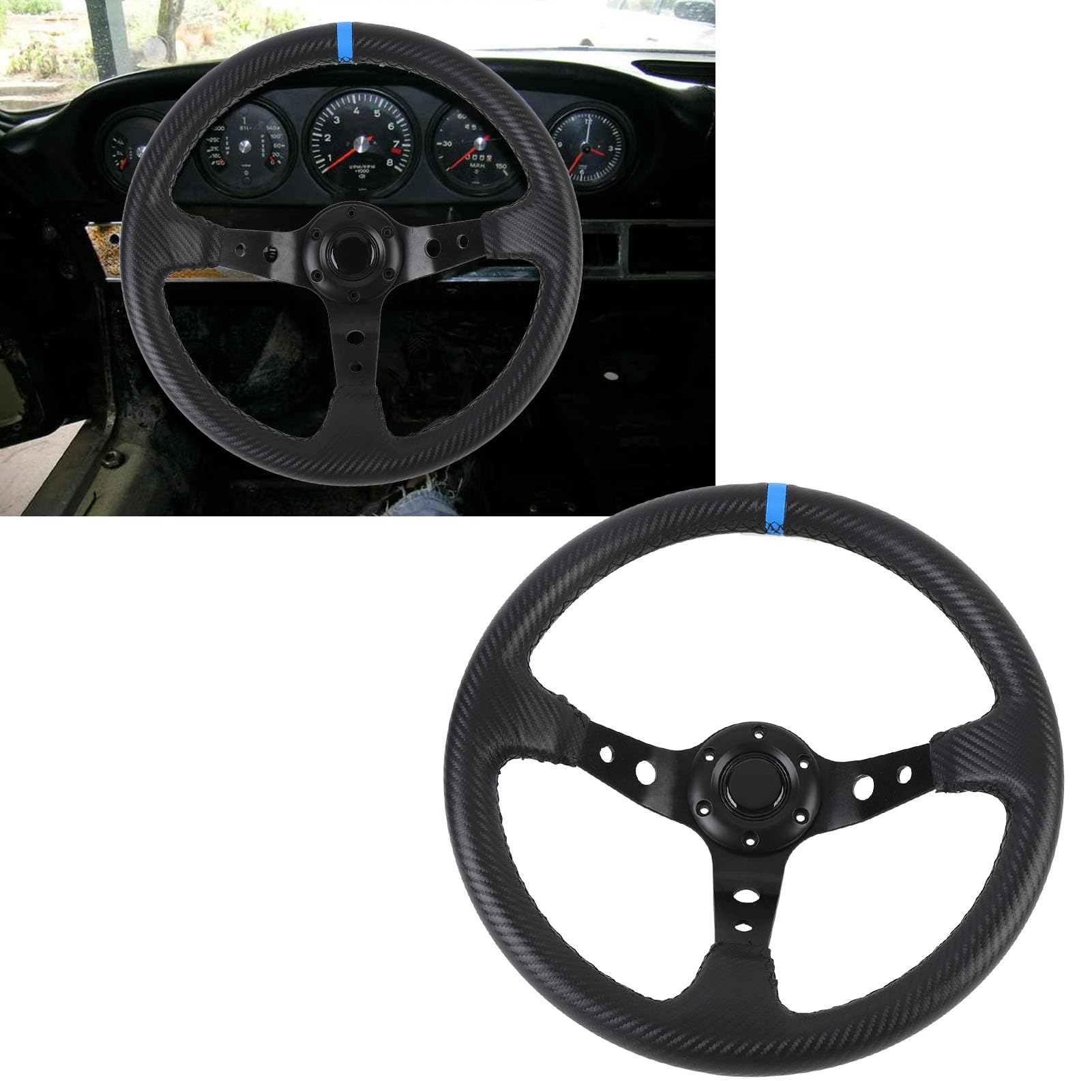 Volante da da 14 pollici, volante sportivo universale a profilo profondo con pulsante per clacson, telaio in alluminio con aspetto in fibra di carbonio rivestito in pelle PU (Blu)