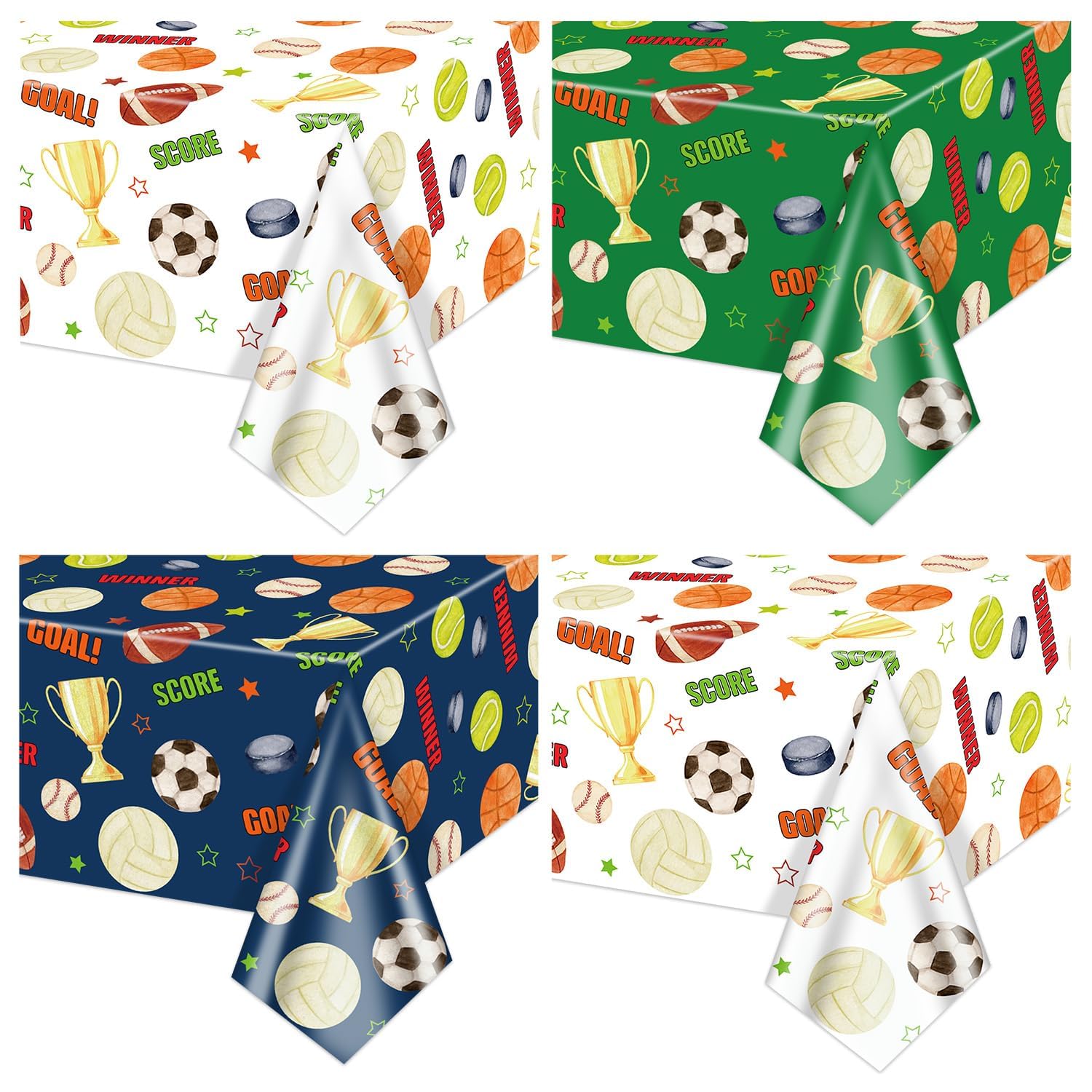 Hegbolke 4 Pack Sports Tablecloths - Soccer Basketball Baseball Football Hockey Softball Volleyball Table Cover for All Star Sports Themed Birthday Party Decorations, 220x130cm, Multi