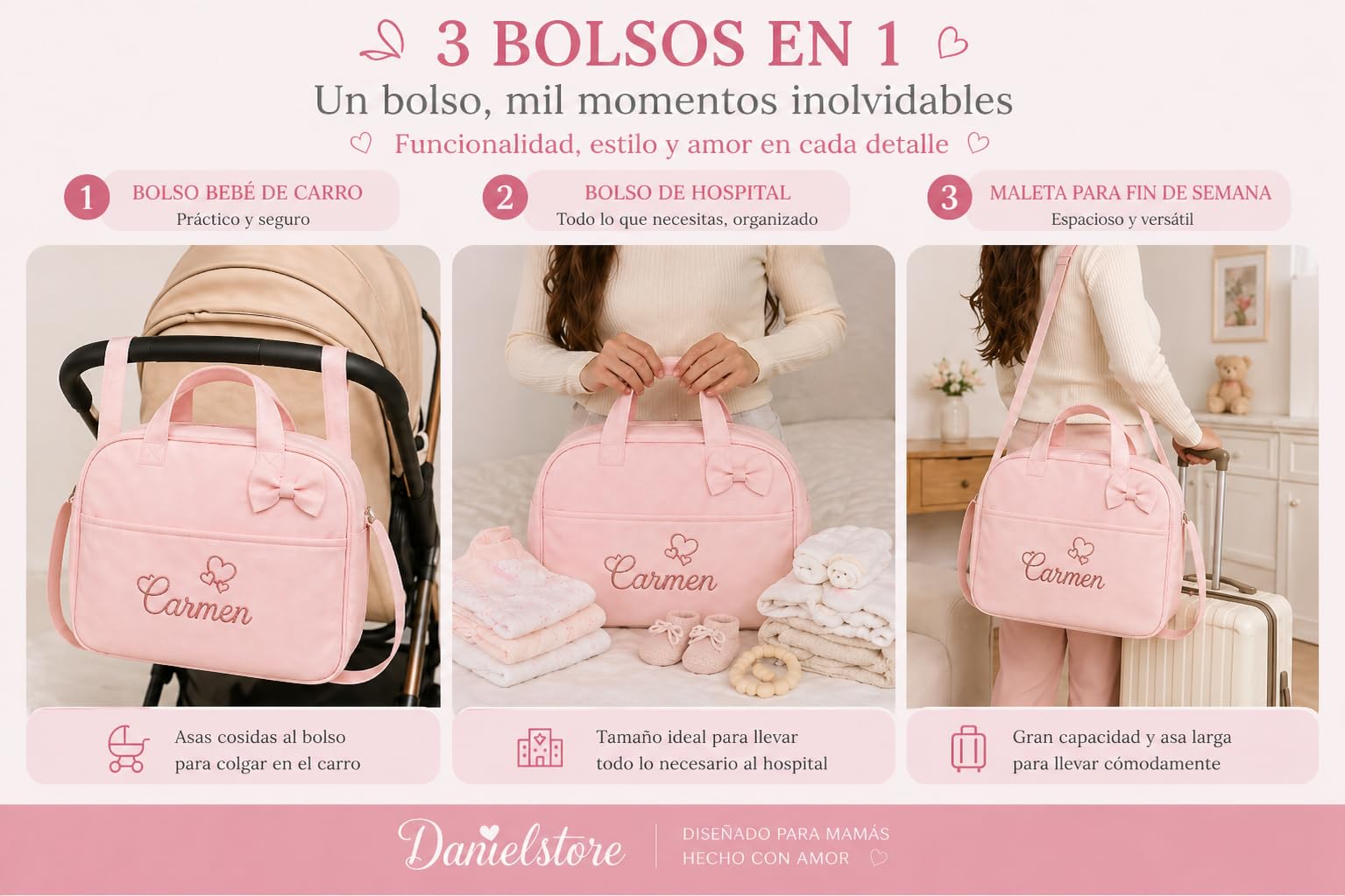 Danielstore - Bolso Maternidad Personalizado | Organizador Pañales | Asa Colgar al Hombro | Compatible Carrito Bebe | Fácil Limpieza, Rosa, 1 Unidad, Polipiel