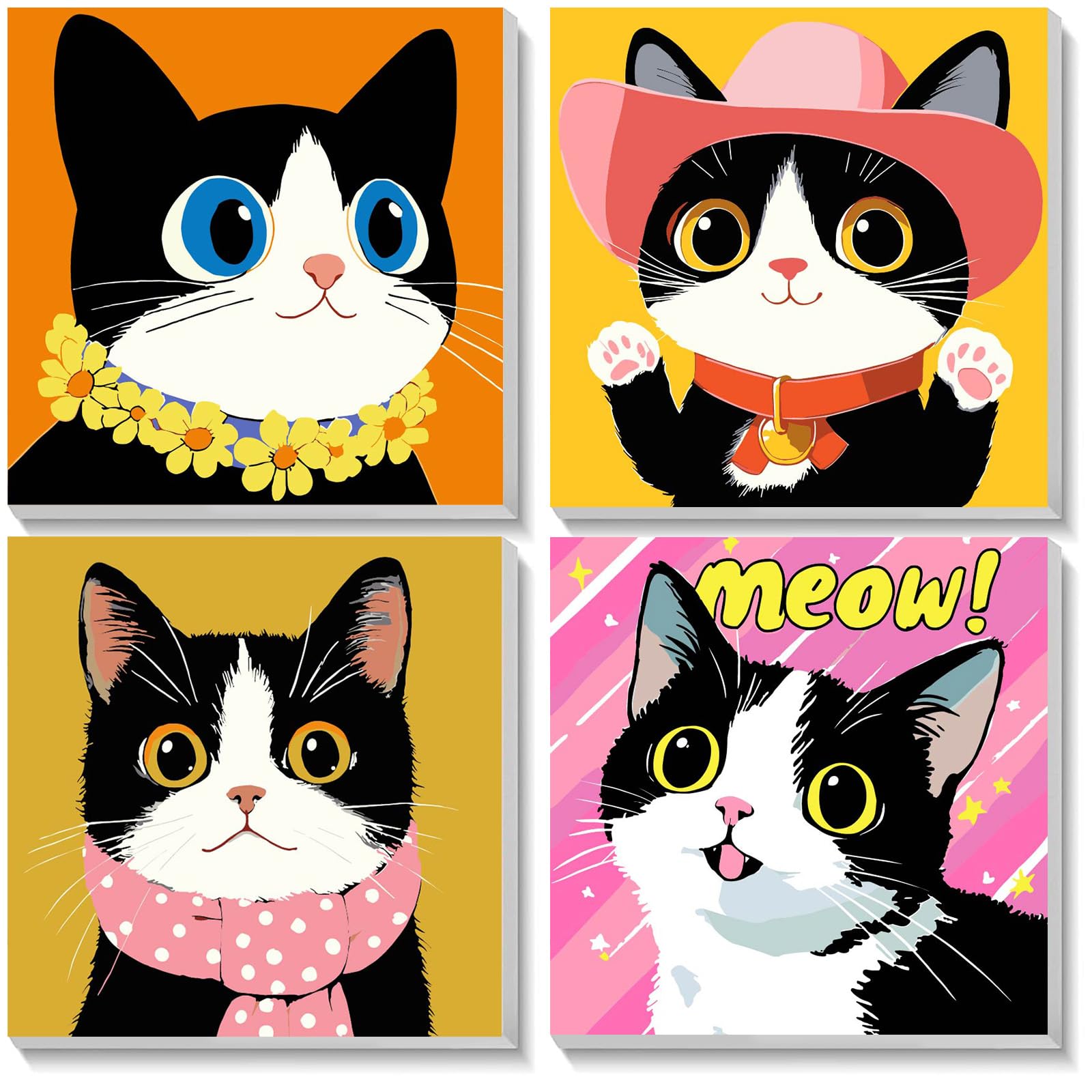 NAIMOER 4 Kit Paint By Numbers Con Cornice, Animali Colorati - Gatto E Cane, 20x20 Cm, Per Adulti E Bambini, Colori Acrilici Inclusi - 4
