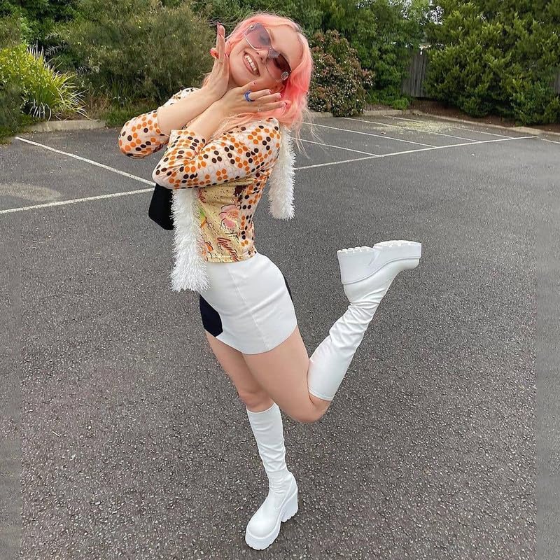 AMINUGAL Womens Elastic Knee High Platform Chunky Block High Heel Sock Boots Zipper Round Toe Fashion Motorcycle Combat Punk Boots For Women: 9.5 A-white