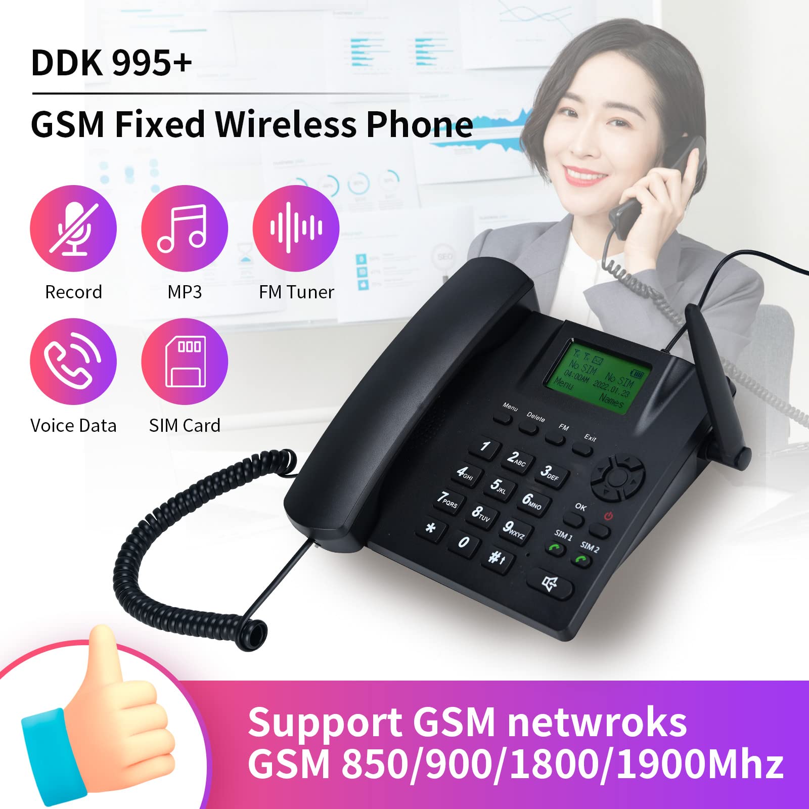 Lychee Simkarte GSM Tischtelefon - Hände frei,SMS,Großes Display mit Hintergrundbeleuchtung, Radiofunktion - Telefon für Hause oder Büro (Schwarz 04)