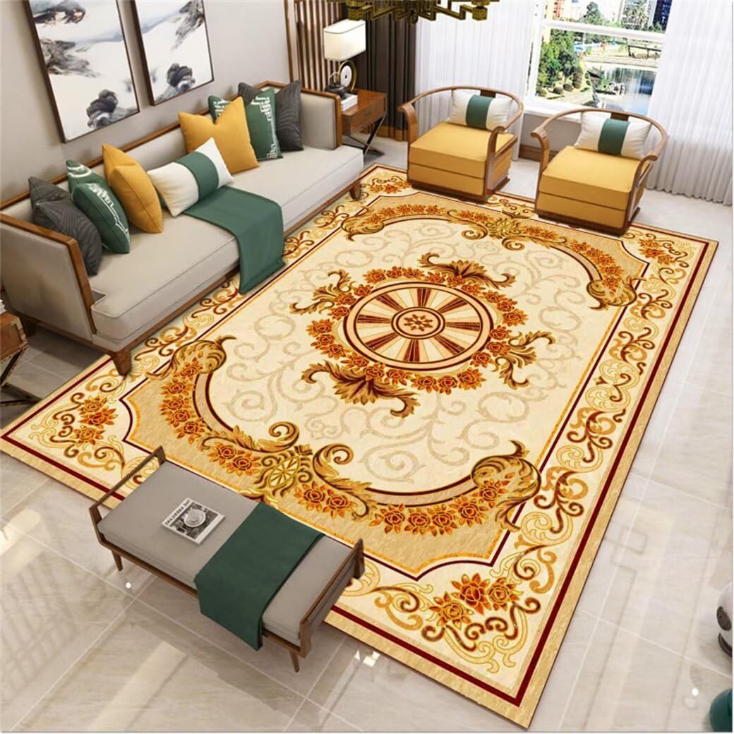 Tapis de salon lavable et doux motif floral jaune 60x110 cm
