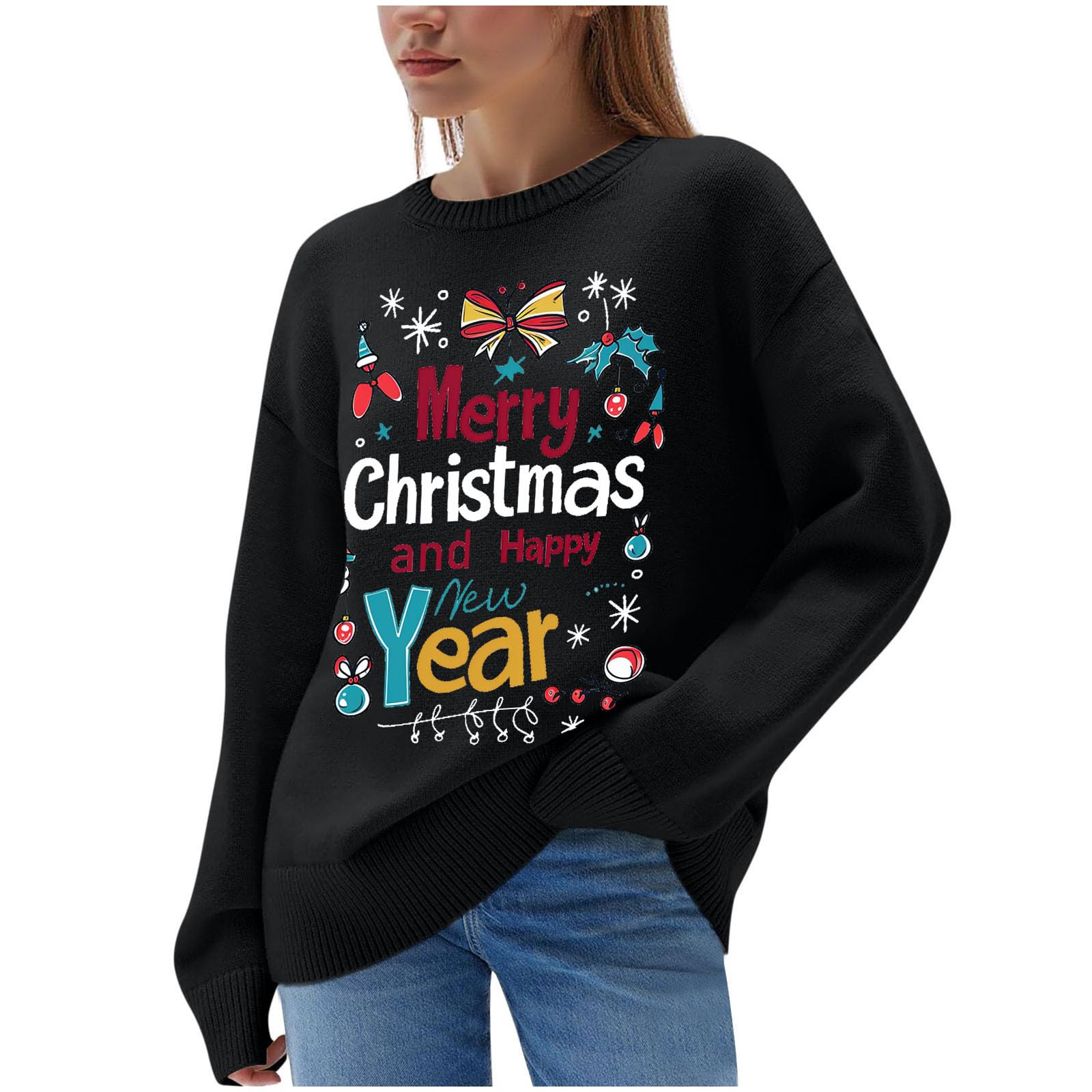 Suéteres de Navidad para mujer, diseño de Feliz Navidad y Feliz Año Nuevo, suéteres de Navidad de punto acanalado para mujer, otoño e invierno, cuello redondo, divertida, novedosa, talla grande