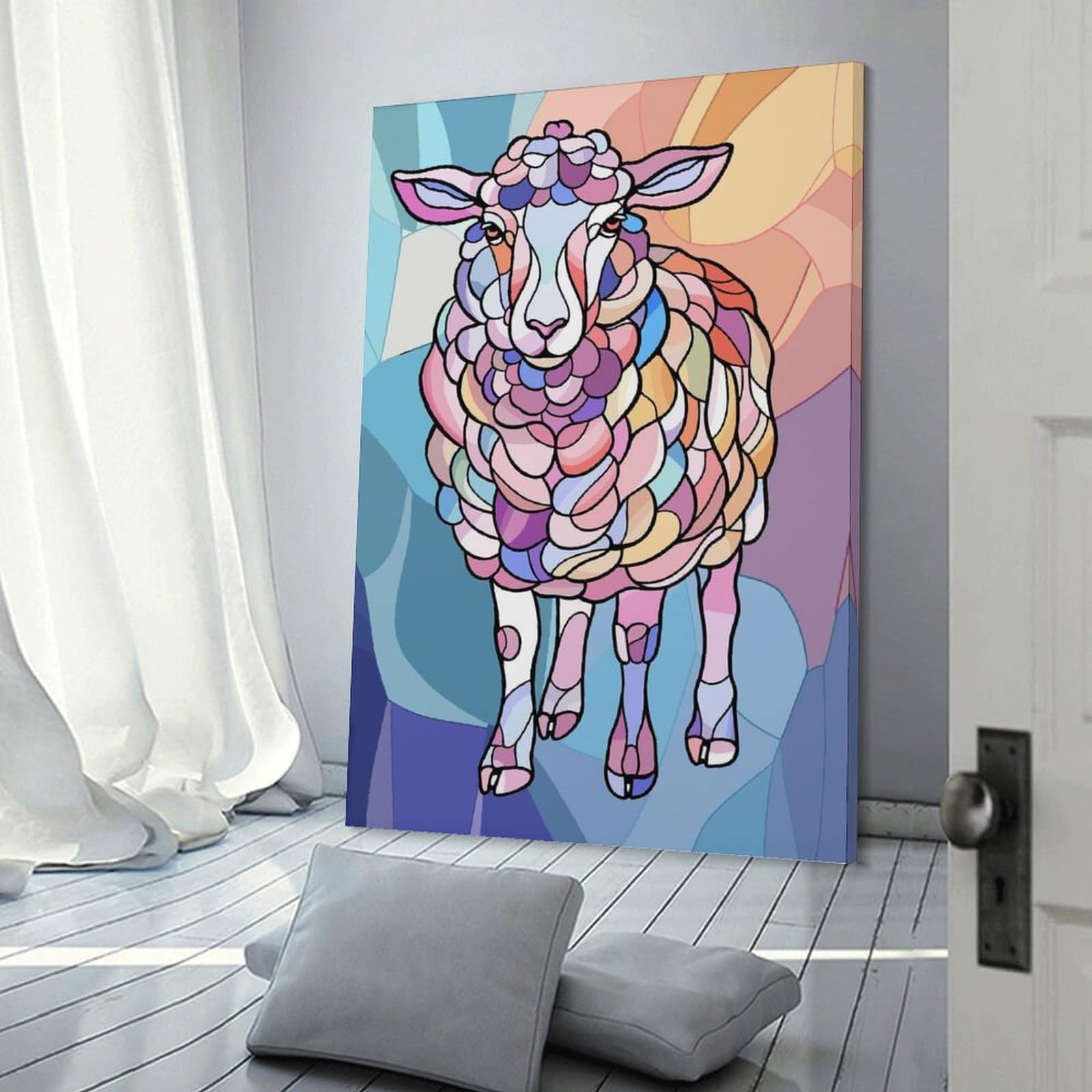 Junmoney Frame-Style-15 Colorful Stained Glass Sheep Decorative Wall Artwork, 24X36inch(60X90cm), For Corridors, Hallways Or Apartment Entries, Home Artwork For First Impressions