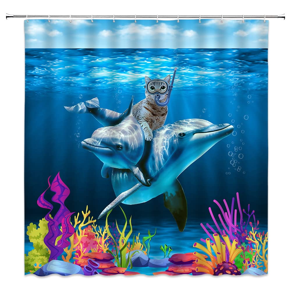 DePhoto Blue Ocean Shower Curtain Funny Cat Dolphin Underwater Life Plants Cute Nautical Decor Fabric Bathroom Curtain with 12 Hooks 72x72 Inch