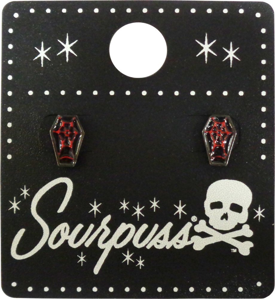 Square Deal Recordings & Supplies Red and Black Coffin Spiderweb Earrings from Sourpuss Clothing