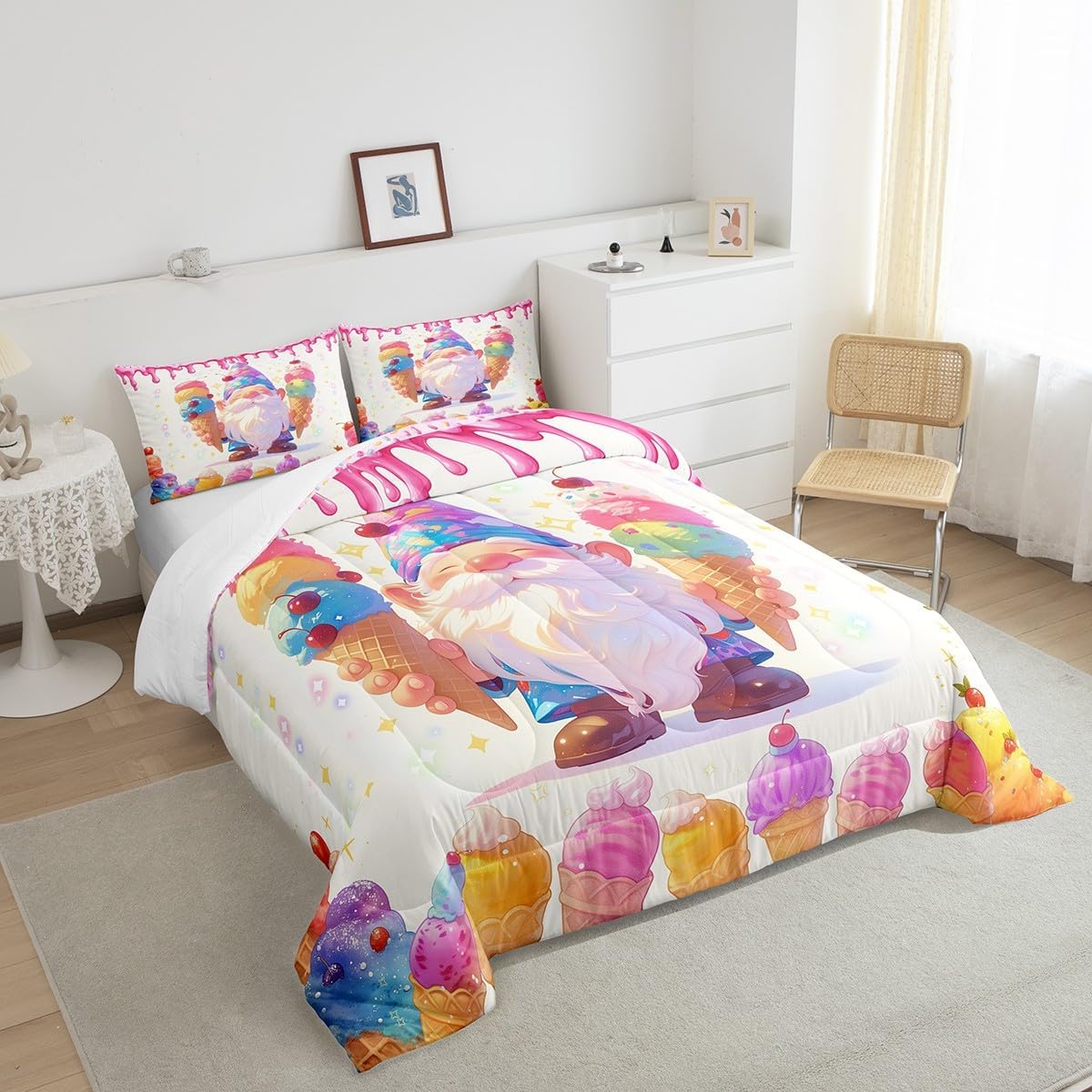 Castle Fairy Ice Cream Gnome Comforter Queen,Watercolor Summer Cream Fruits Quilt Comforter with 2 Pillowcases,Sweet Dessert Colorful Stars Bedding Set Comfortable,Soft and Breathable