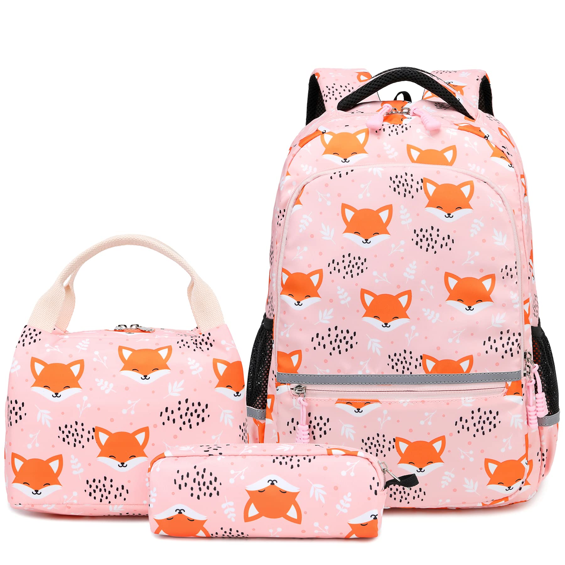Girls Backpacks Fox Backpack for Girls, Kids School Bag Set with Lunch Tote Bag and Pencil Case(Pink Fox)