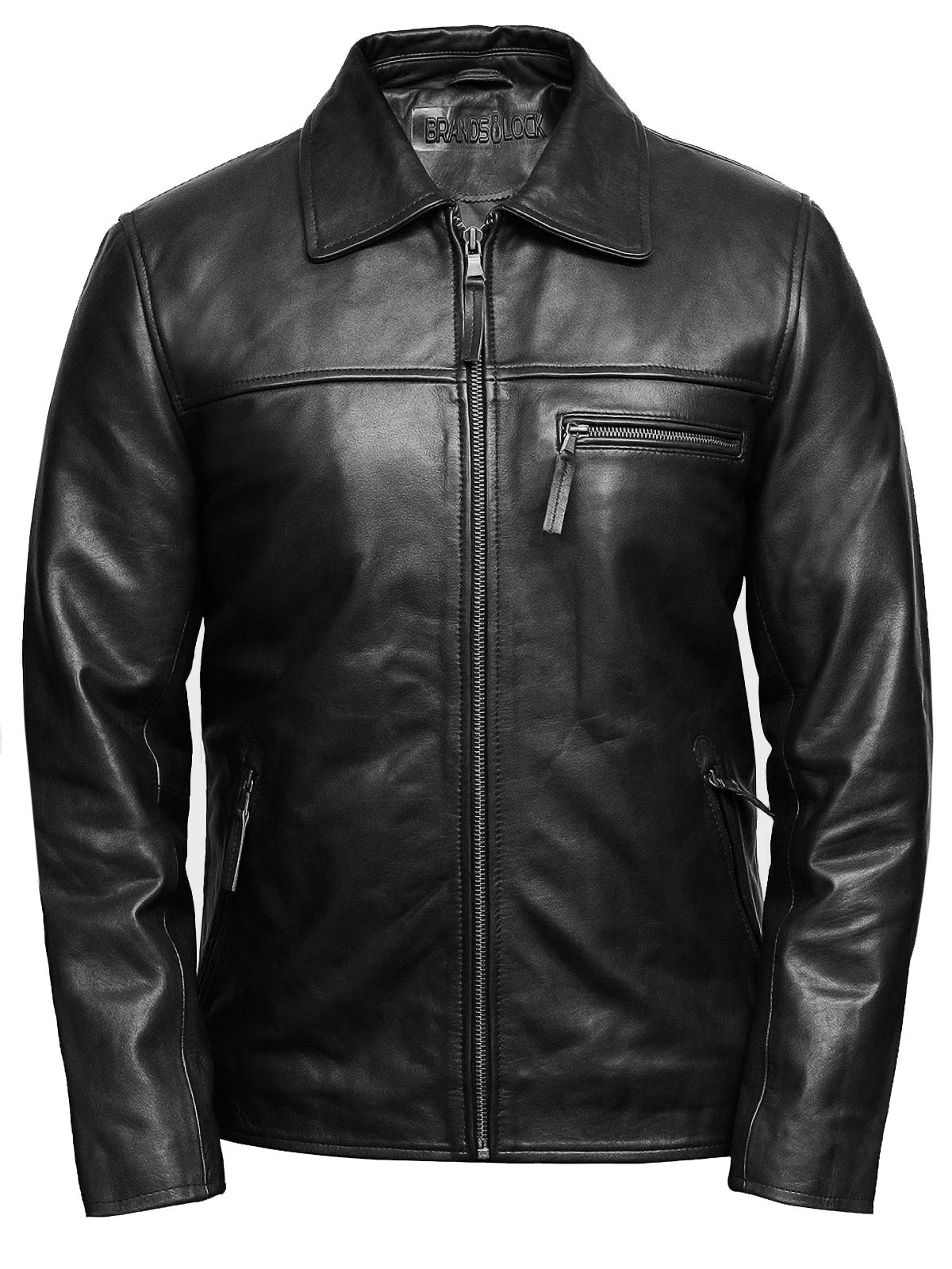 BRANDSLOCK Mens Genuine Leather Biker Jacket Cow Hide (XXL, Plain Black)