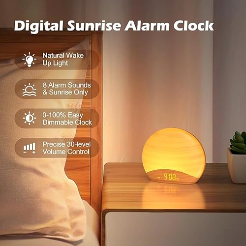 Miniatura 3 de REACHER Reloj despertador de madera con luz de amanecer, máquina de sonido de ruido blanco para dormir, reloj digital de 0 a 100% atenuador, luz