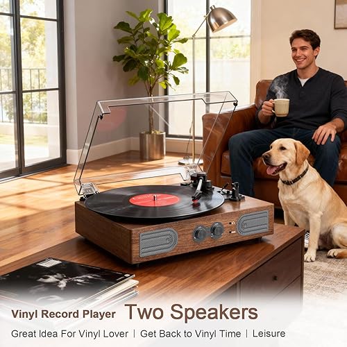 Miniatura 8 de Reproductor de discos de vinilo con altavoces estéreo integrados, tocadiscos de 3 velocidades con transmisión por correa, control de agudos y