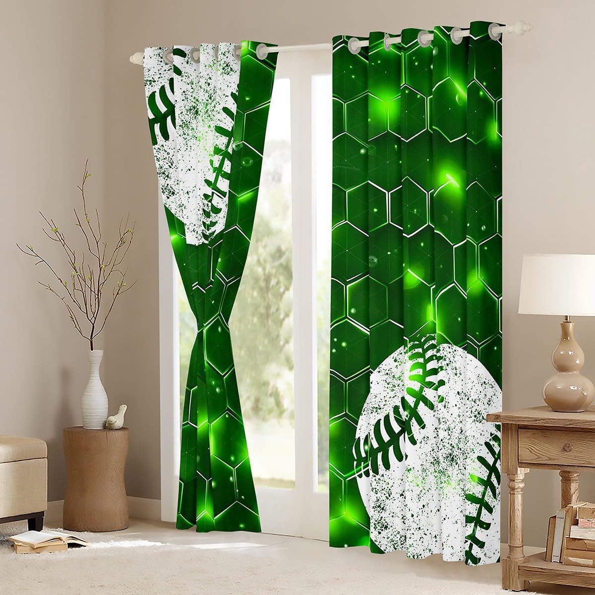 Vintage Baseball Window Curtain,Green Geometric Hexagon Curtains for Kids Boys Men Teens Home Room Decor,Neon Style Ball Games Window Drapes,Ball Sports Window Treatment Curtain,2 Panels,38Wx45L