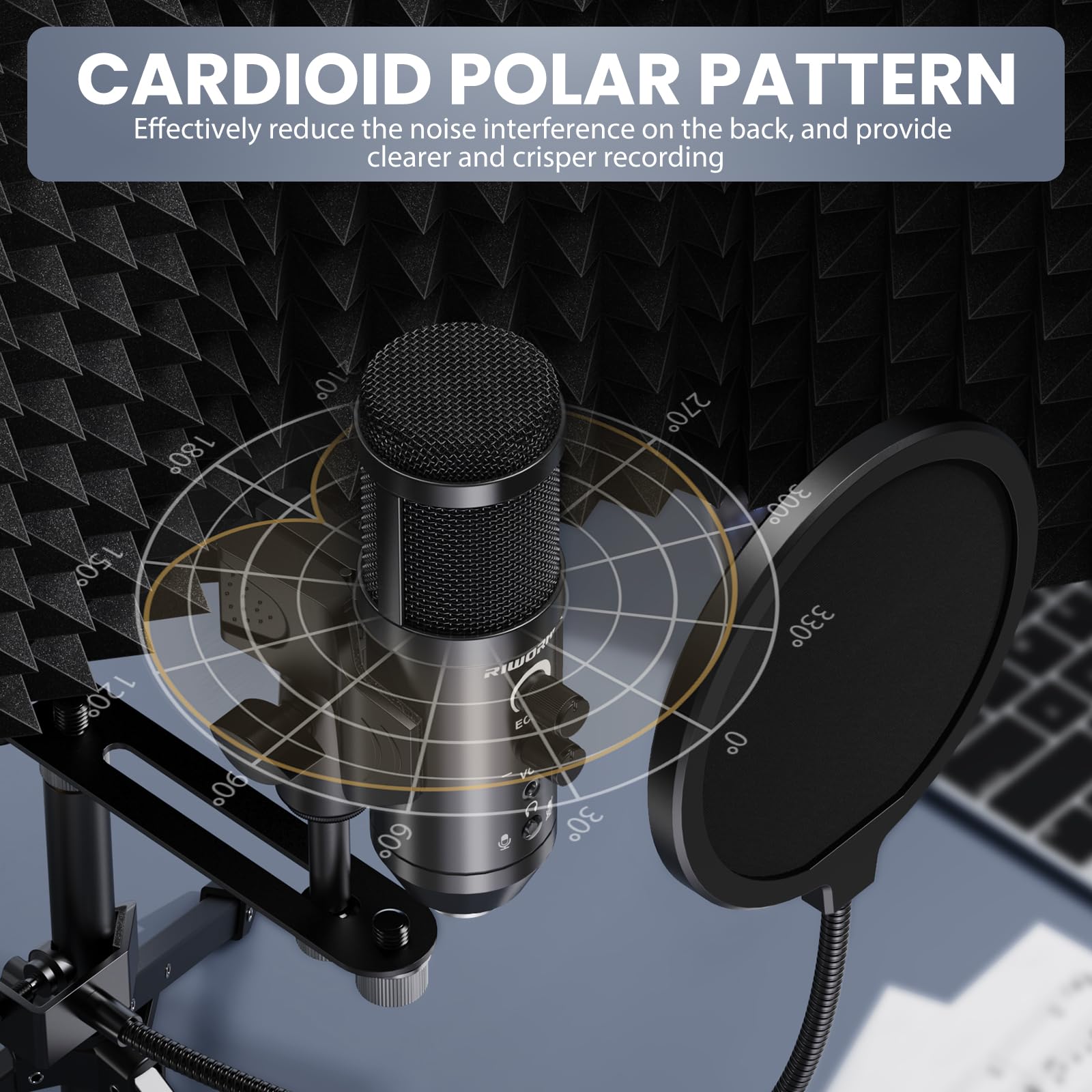 Studio Registrazione Microfono Isolamento Scudo con Pop Filtro & Treppiede Kit Studio Mic per Computer Portatile e Pc Attrezzature Vocale Condensatore Riworal