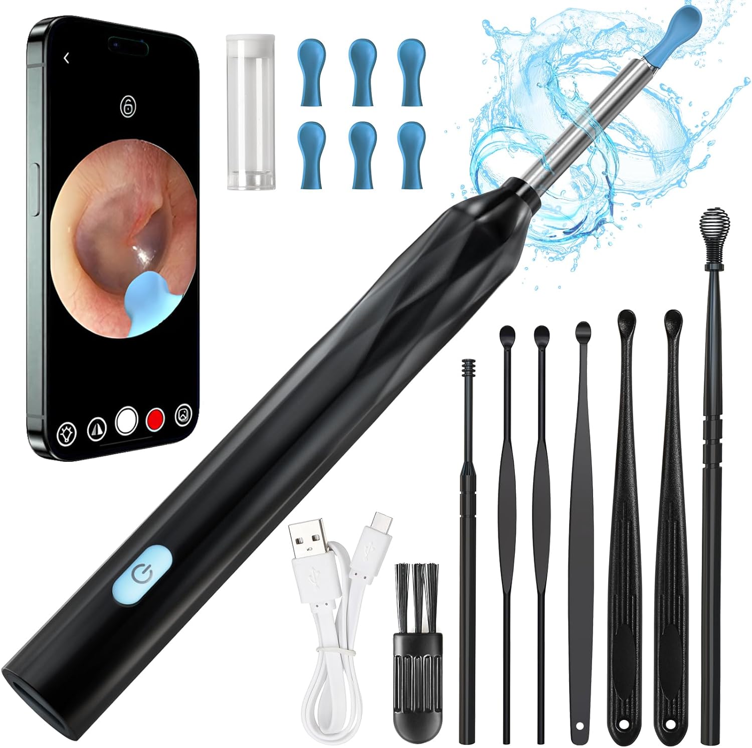 The complete QIMIALOL Wireless Ear Wax Removal Tool Camera kit, including the main device, a smartphone displaying the camera feed, multiple silicone ear spoon covers, a USB-C charging cable, and various traditional ear wax removal tools.