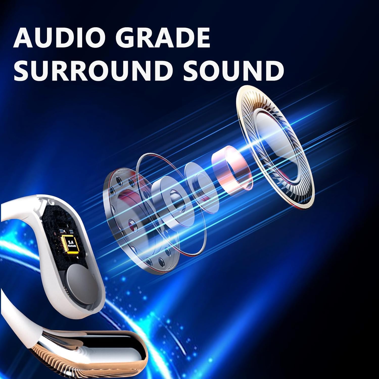 Auricolari aperti wireless Bluetooth 5.4, cuffie touch screen intelligenti, 50 ore di riproduzione, gancio per l'orecchio ergonomico, microfono integrato, custodia di ricarica con display a