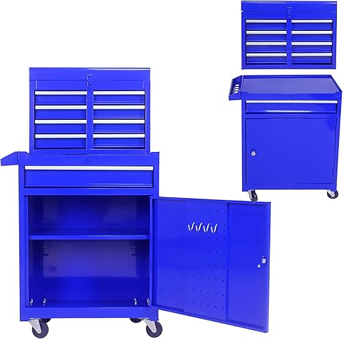 Miniatura 13 de Armario desmontable para herramientas rodante, 6 cajones y 2 gabinetes, organizador de caja de herramientas extraíble con 4 ruedas