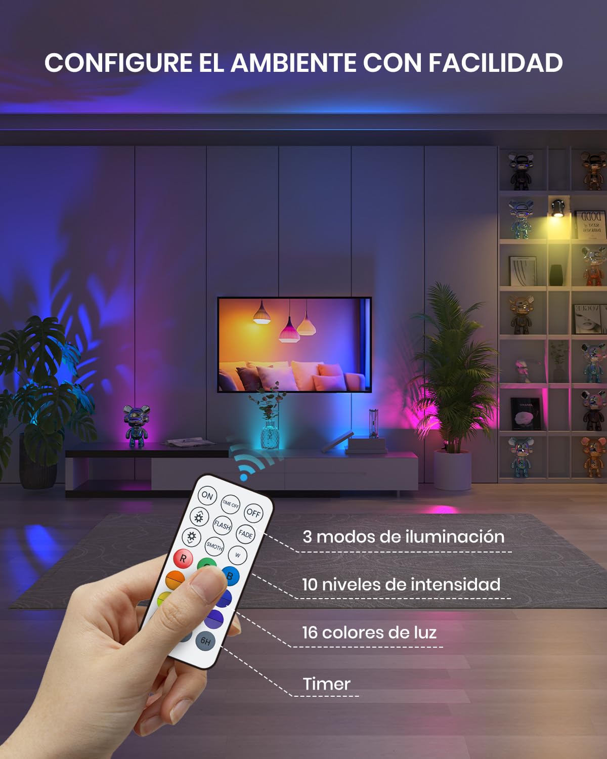 6W RGB LED Foco Pequeño con Mando a Distancia, IP65 Resistente al Agua Foco LED Exterior y Interior Cambio de Color para Plantas, con Base y Pica, Cable 1,78m con Enchufe, 6W