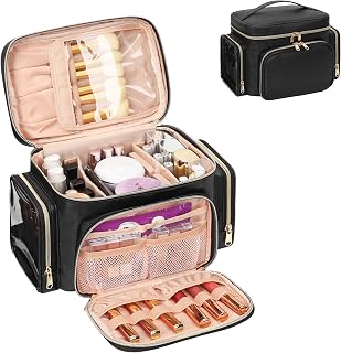 OrganizeYourMakeup Large Travel Makeup Bag Organizer - Vertical Storage, Brush Compartment, Side Pockets, Waterproof Toiletry Bag for Women - Black
