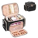 Large Makeup Bag, Portable Travel Makeup Bag Organizer for Women Girls with Makeup Brush Compartment & Two Side Pockets, Cosmetic Travel Bag Vertical Storage Toiletry Bag - Black