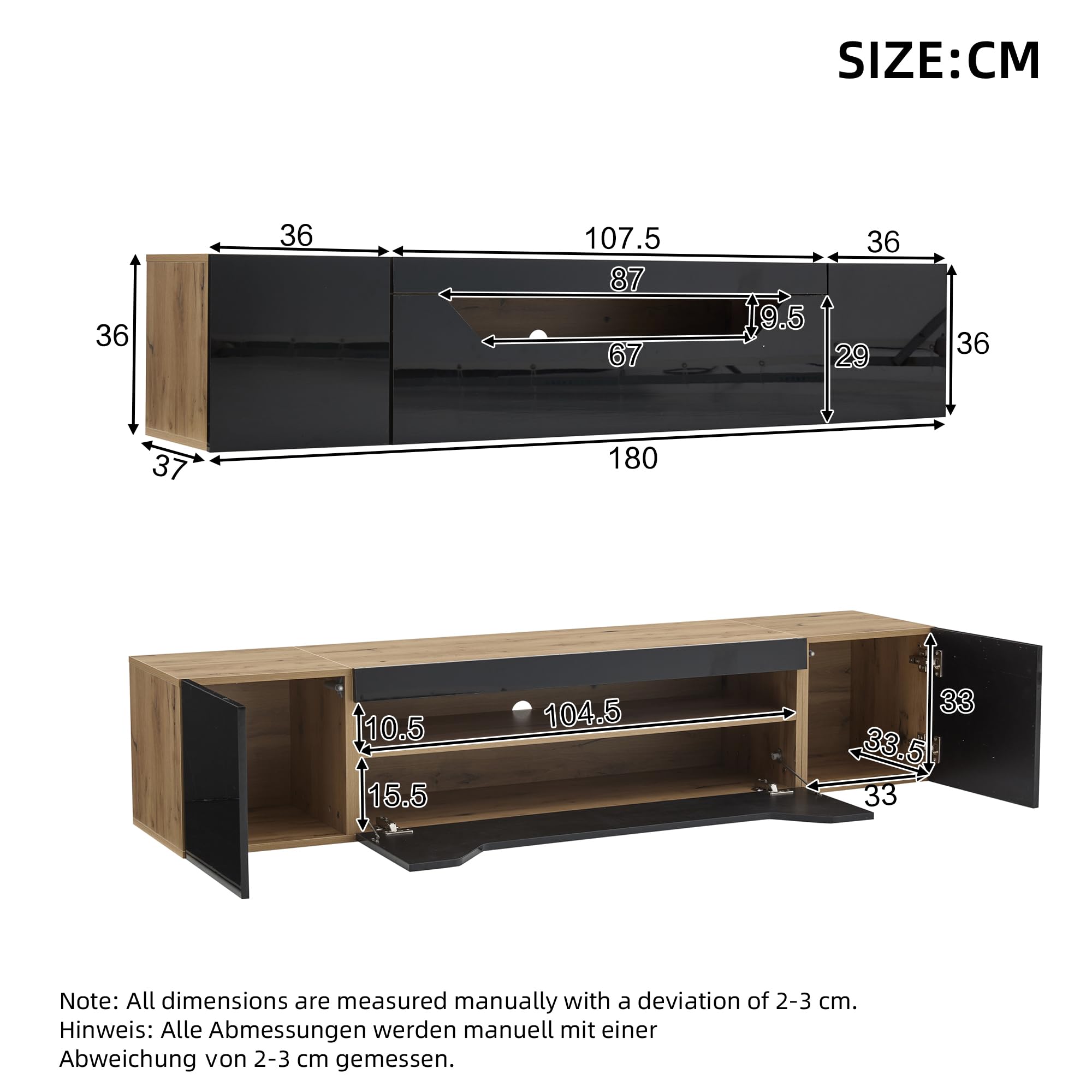 TV-Schrank 180 cm hängend mit LED für 75 Zoll, Schwarz-Holzoptik