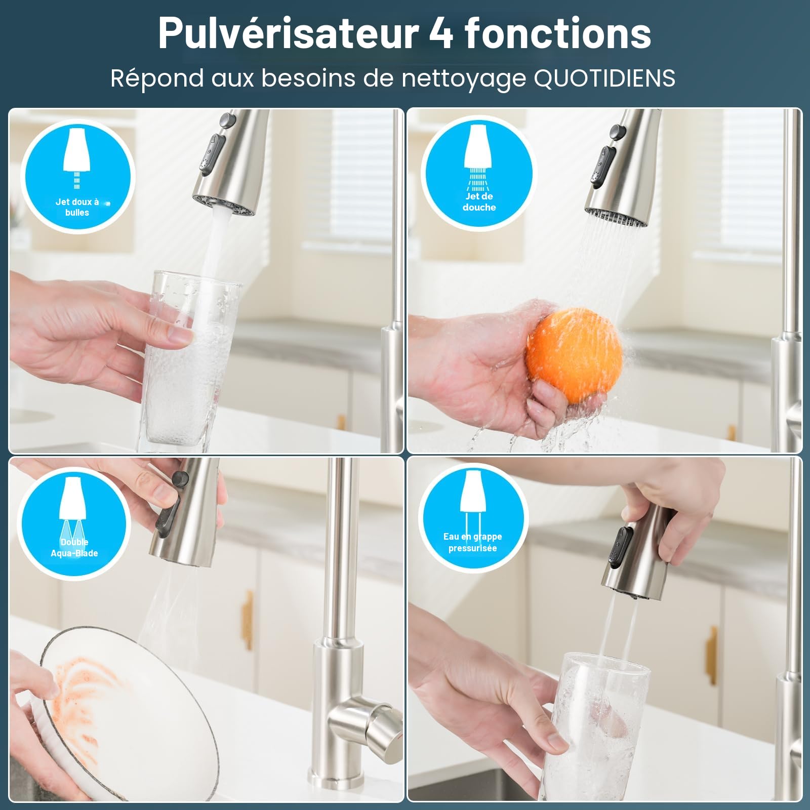 Robinet Cuisine Rabattable Mitigeur Robinet Evier de Cuisine avec 4 Douchette Modes, 360° d'Évier à Arc Élevé Acier Inoxydable Robinet Cuisine (Nickel-c, Spout Height 22.7CM)