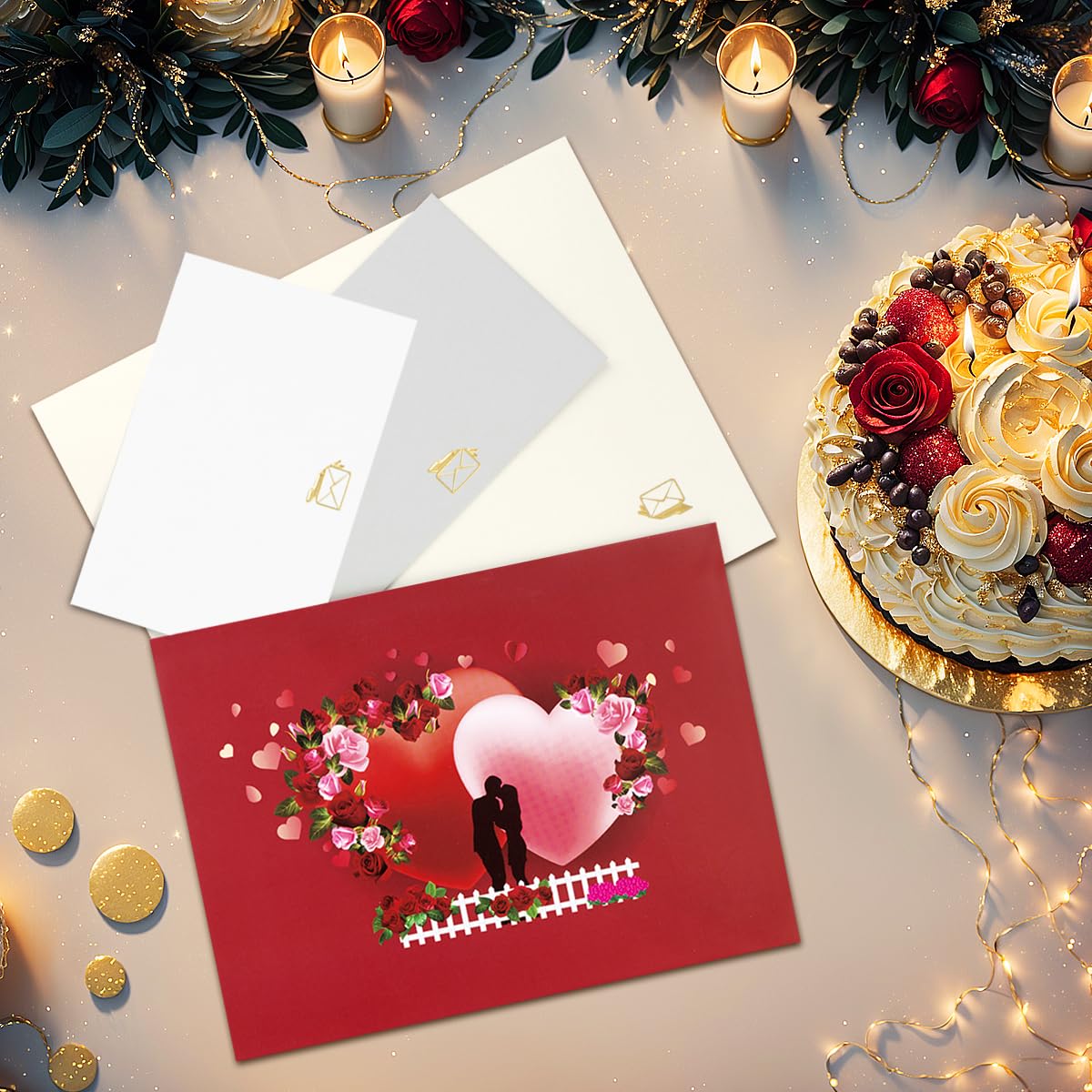 Tarjeta de San Valentín con luz y música, romántica tarjeta de felicitación emergente, aniversario, con sobre.