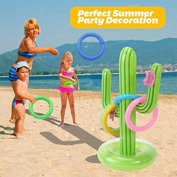 7Pcs Inflatable Cactus Ring Toss Game Set, Inflatable Cactus with 6 Rings | Hawaiian Party Decorations, Fun Party Game for Kids & Adults, Swimming Pool Toy, Limbo Game