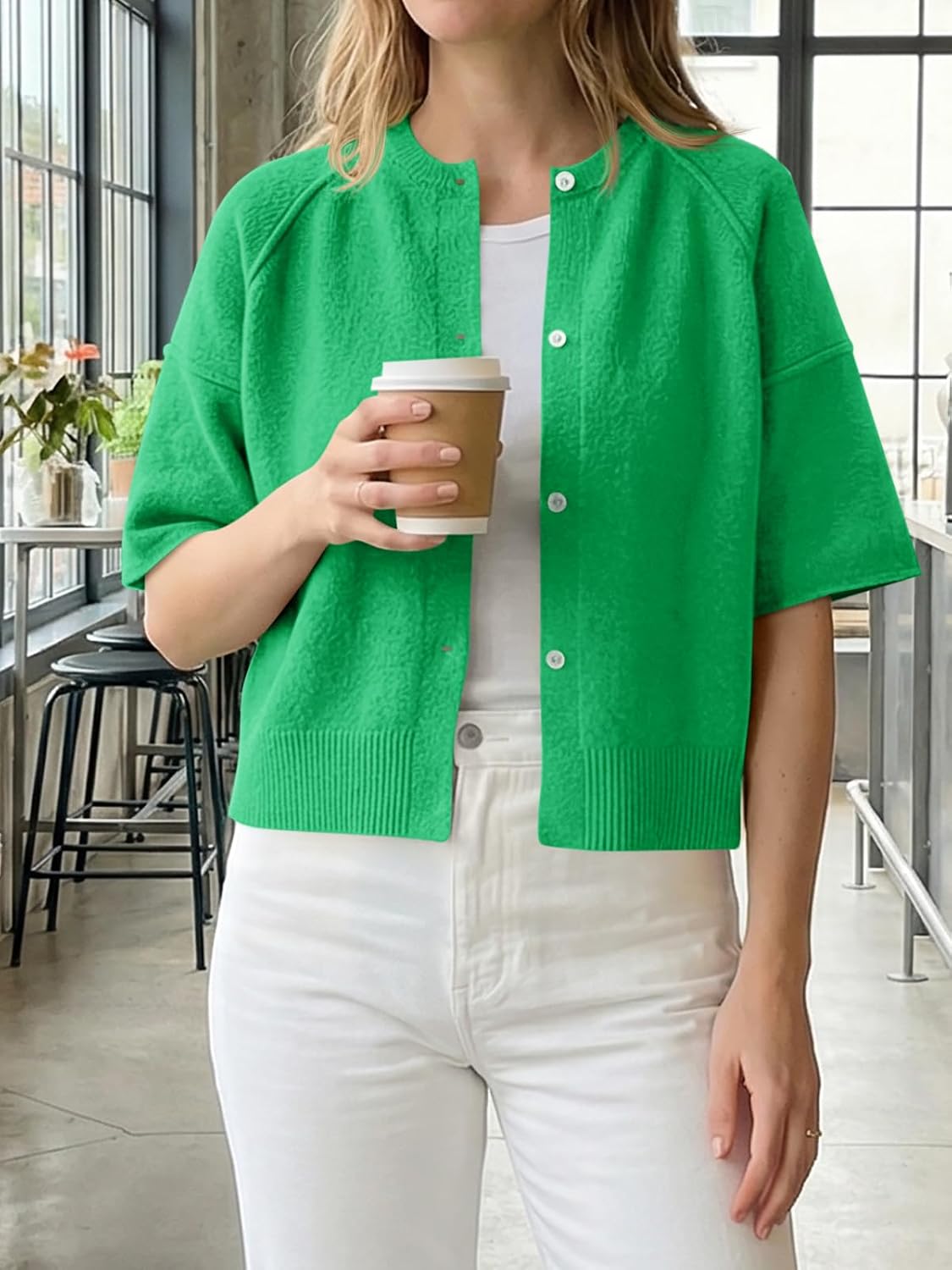 Cicy Bell Womens Short Sleeve Sweater Cardigan Casual Button Down Lightweight Cropped Ribbed Knit Tops