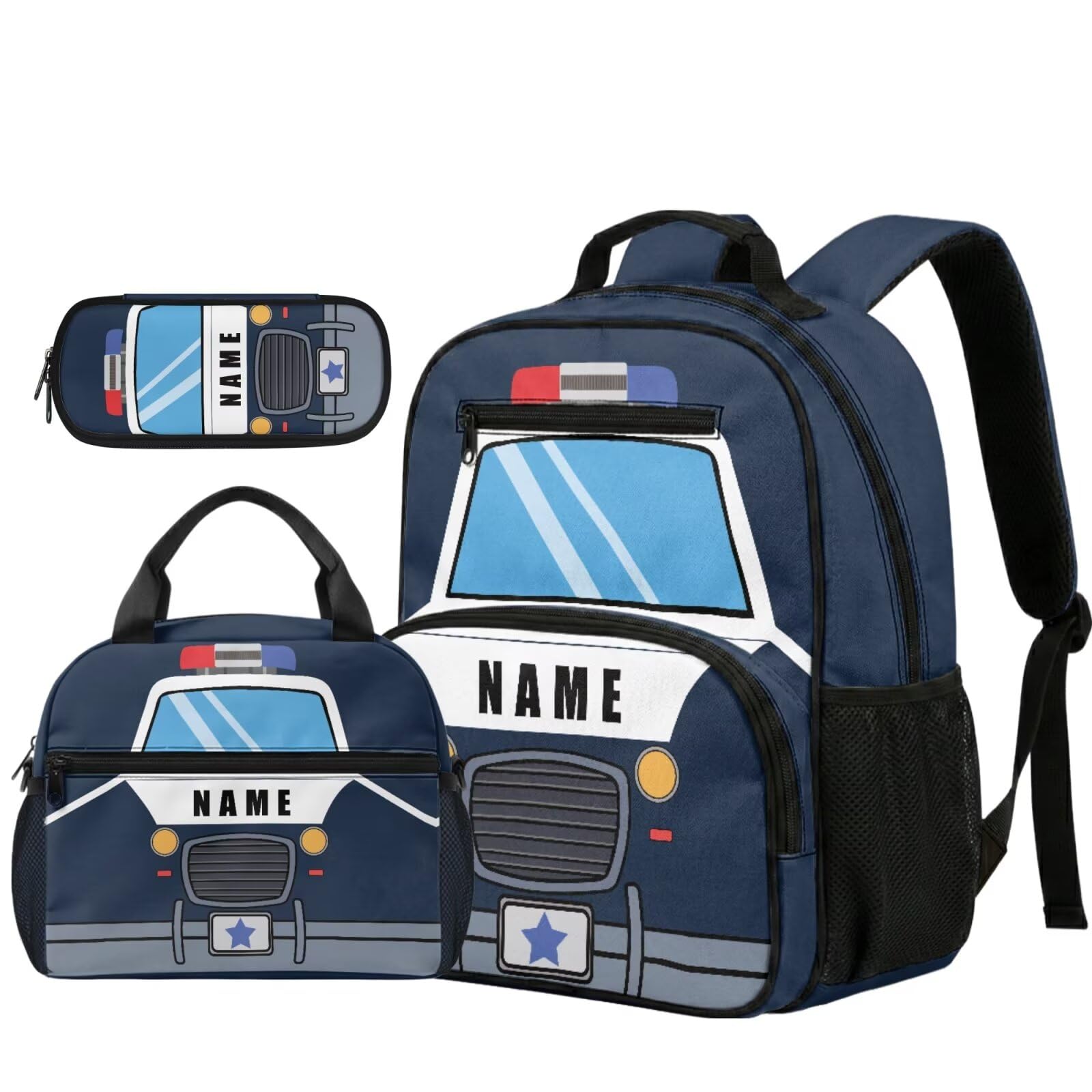 Set di 3 zaini per ragazzi da 3 a 5 anni, zaino scolastico e portapranzo per asilo e ragazzi, borsa per libri prescolari per la scuola, Aggiungi Nome Police Car, S, Classico