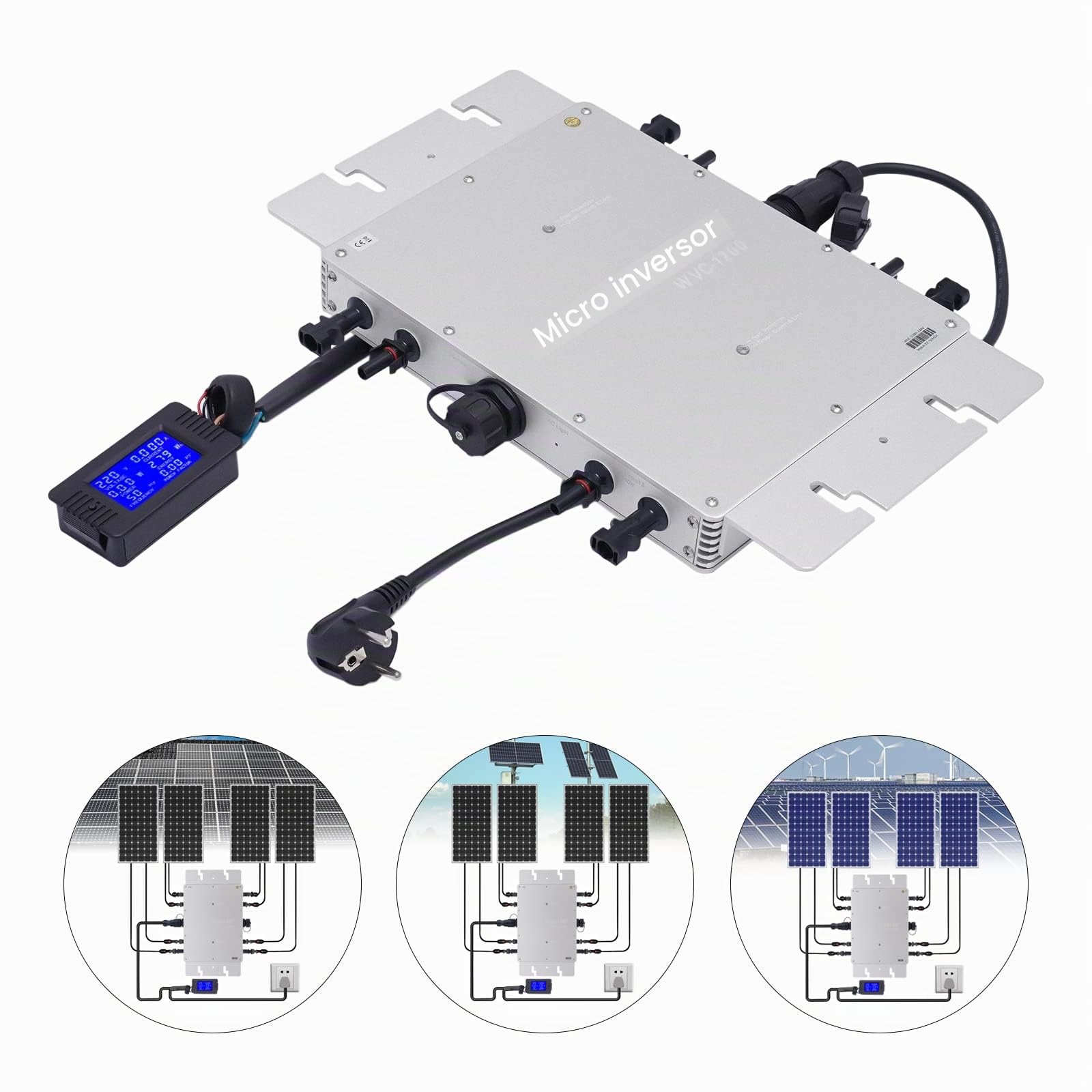 Microinversor de 1200 W, 220 V, IP65, resistente al agua, microinversor de aleación de aluminio, inversor solar con pantalla LCD, para zonas residenciales y comerciales