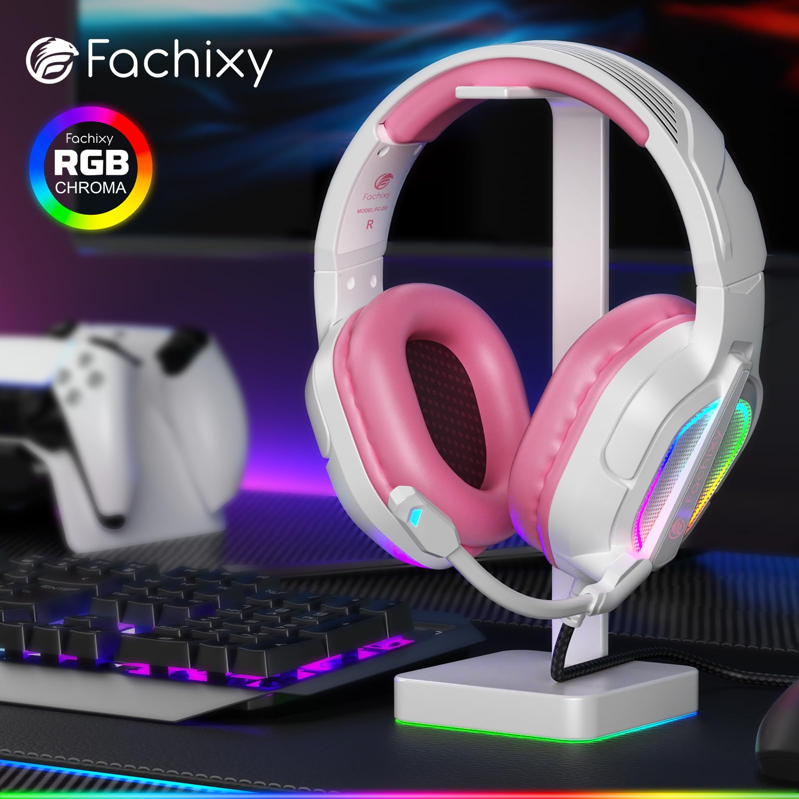 Fachixy FC200 Casque Gaming pour PS5, PS4, PC, Xbox, Nintendo Switch, Casque PS5 avec câble et lumière RGB, Casque stéréo Surround avec Micro, Noise Cancelling Gamer Headphones - Blanc Rose
