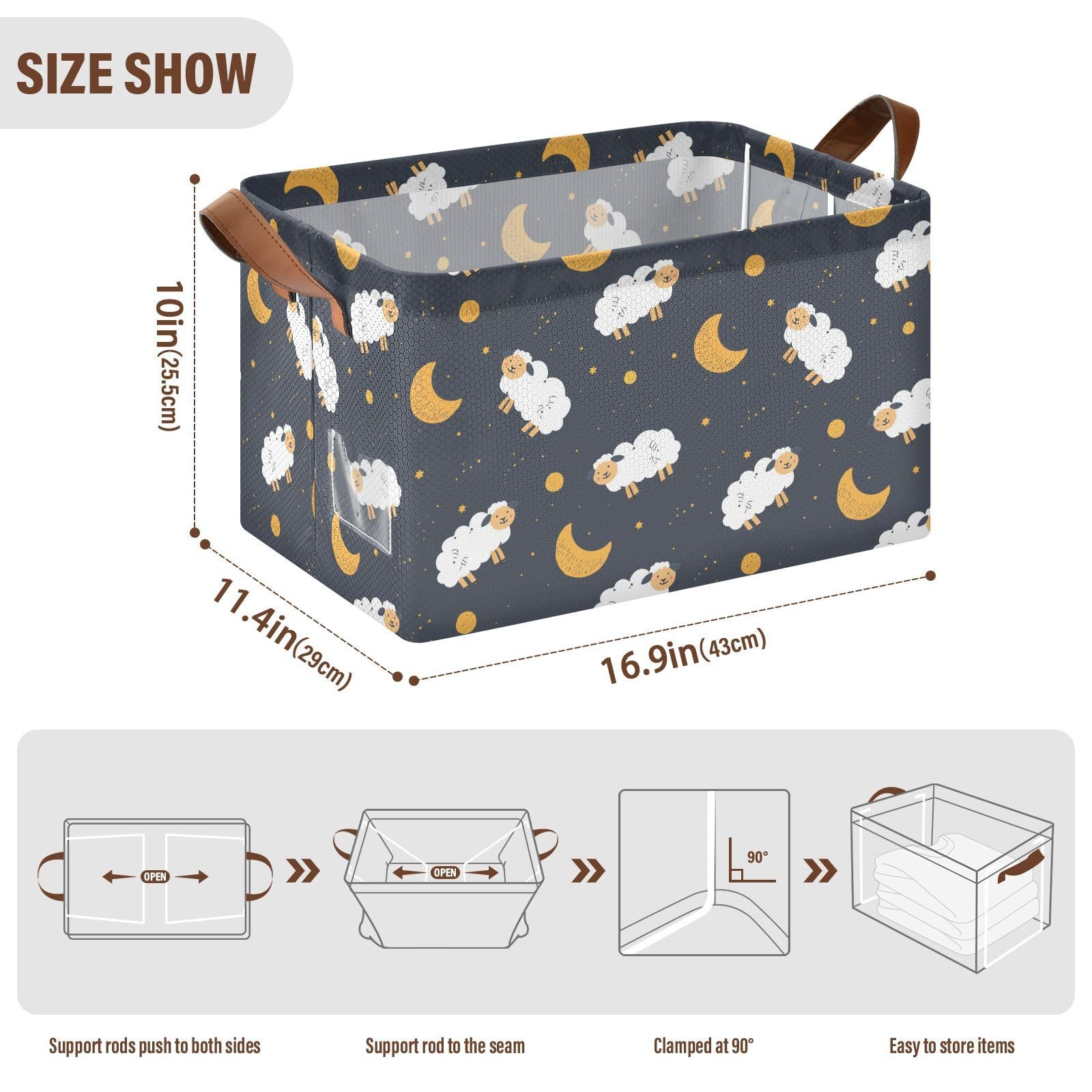 KLL Kreskówka owca księżyc czarne kosze do przechowywania tkaniny kosze z uchwytami kostki do przechowywania tkaniny do organizacji 2 szt. cajas de almacenamiento para closet