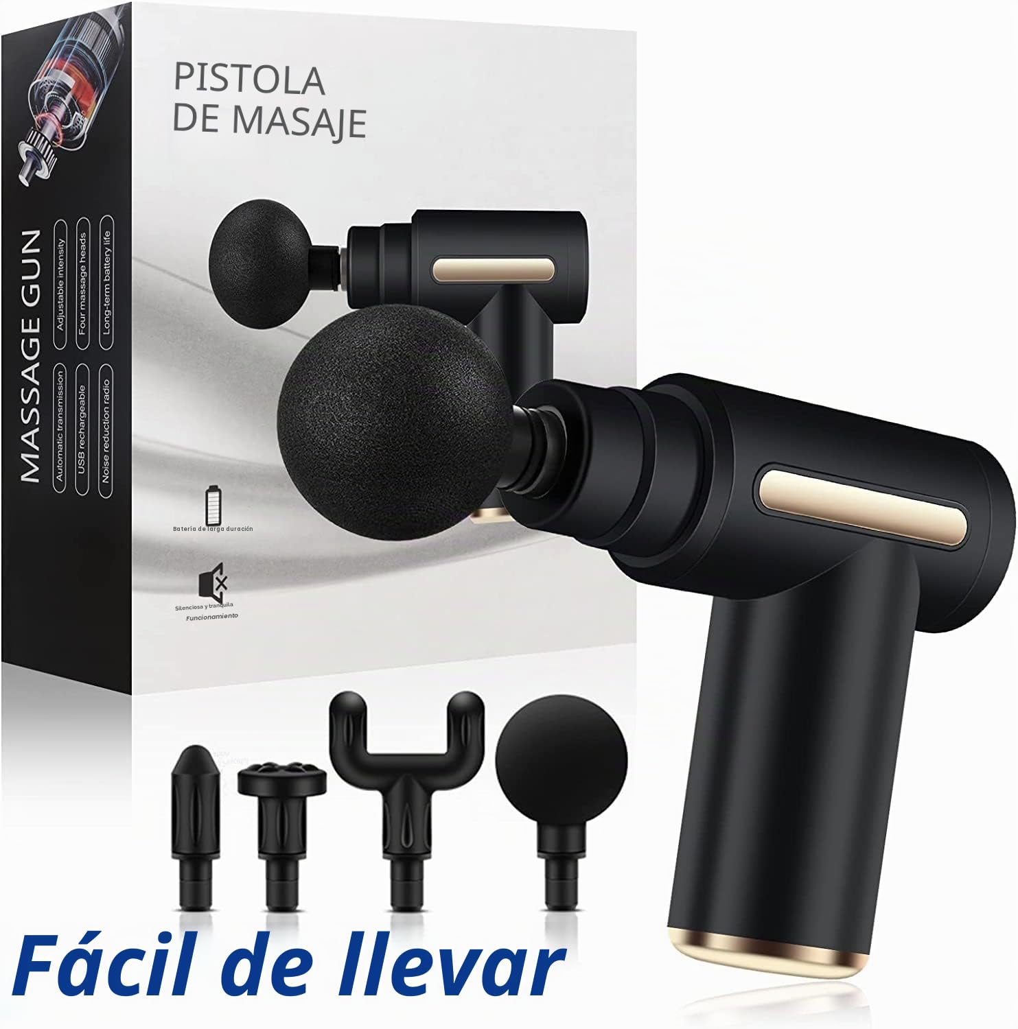 Mini Pistola de Masaje Muscular, Uplayteck Masajeador Muscular Portátil 35DB Ultra Silencioso con 6 Velocidades, 4 Cabezales de Masaje, Masajeador de Mano para Relajar Los Músculos Aliviar