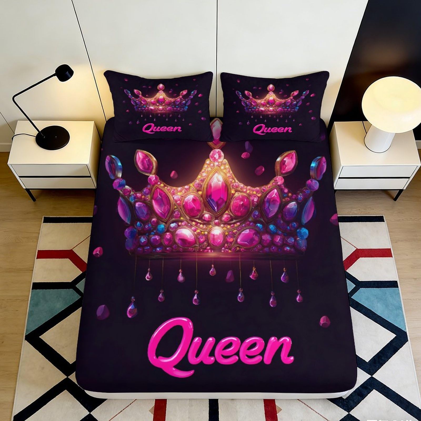 3D Printed Crown Fitted Sheet Microfiber Pink Queen Bed Cover Decor for Bedroom Dorm Mattress Protection Washable 90x200x25cm