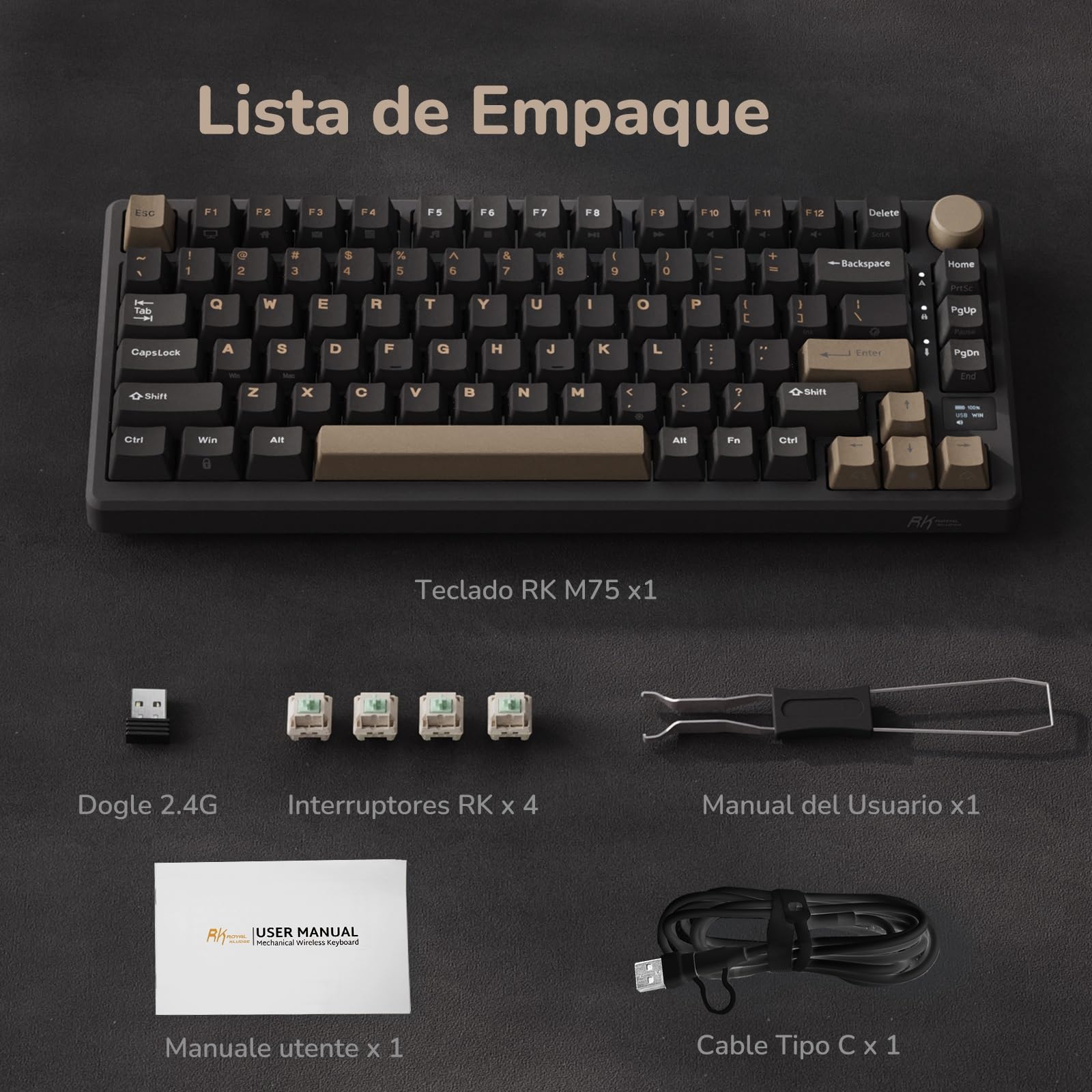 RK ROYAL KLUDGE M75 Teclado Mecánico Inalámbrico con Pantalla OLED, 75% Gasket Bluetooth/2.4G/USB-C, Layout US Teclado con 81 Teclas, Retroiluminación RGB, Hot-Swap (Interruptor Rojo, Gris)