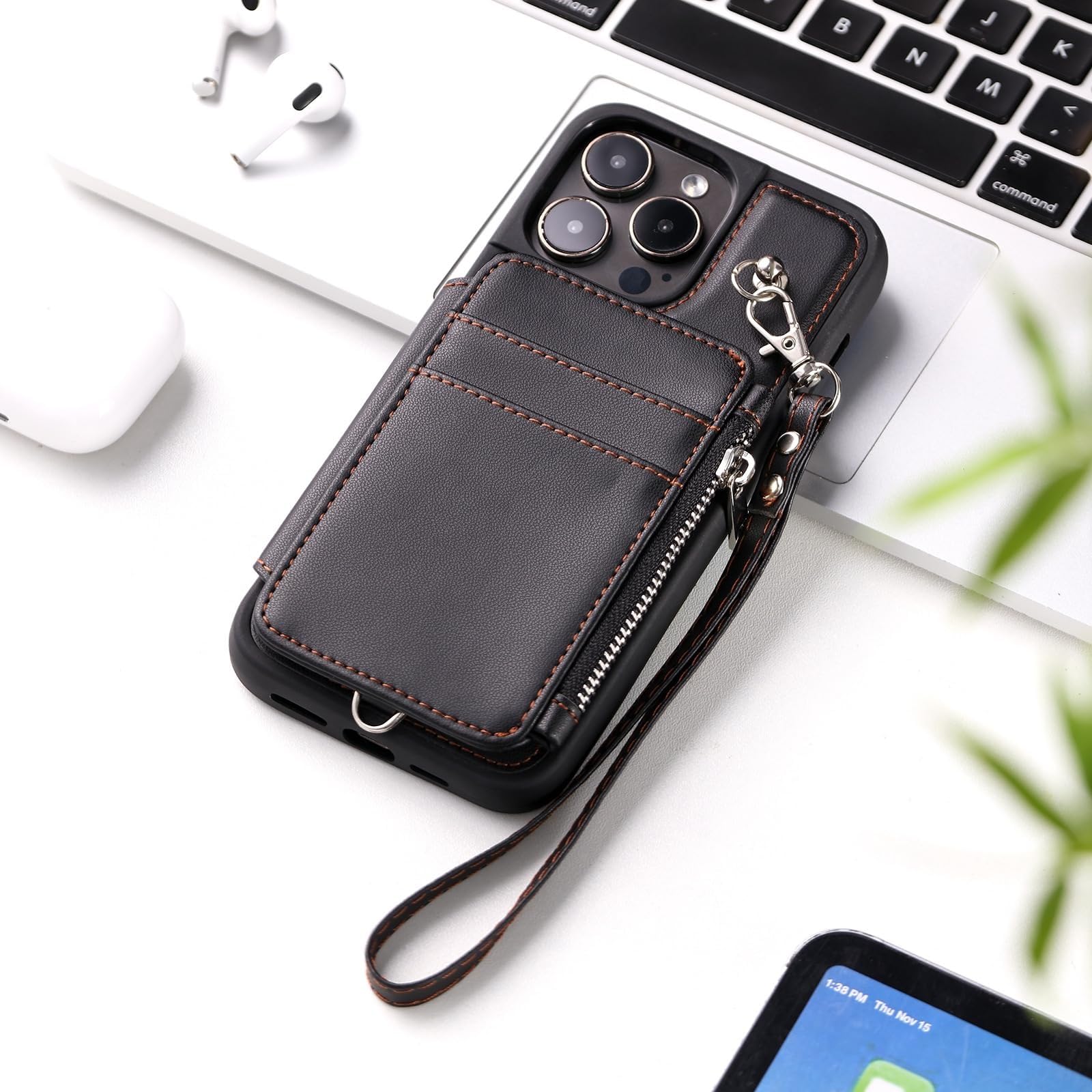 Genérico Funda para iPhone 16 Pro Max/16 Pro/16 Plus/16, Funda Piel Suave Al Tacto Funda con Ranura para Tarjetas Y Correa para La Muñeca, Resistente A Los Golpes Carcasa(Pink,16)