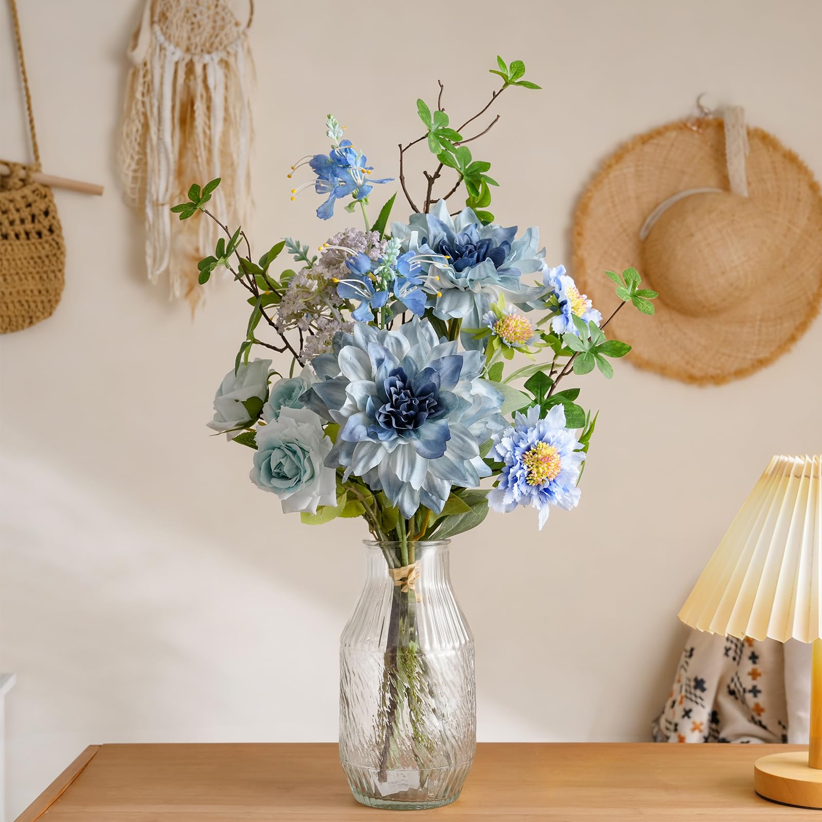 Artificial Flowers in Vase, Spring Fake Rose & Dahlia Bouquet with Pot