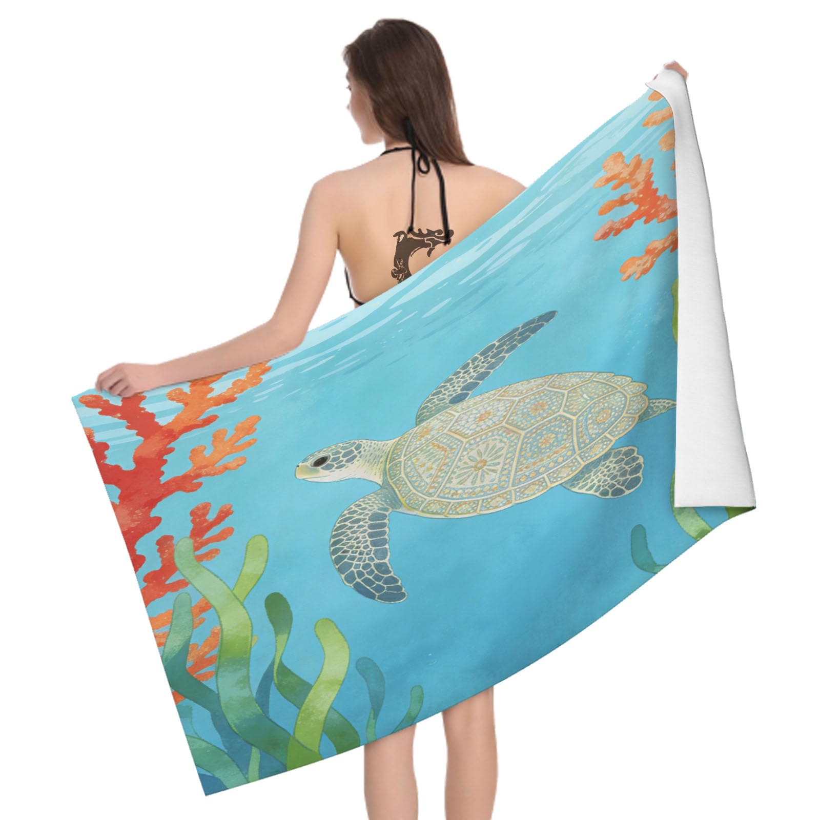 Leichong 3D Sea Turtle Beach Towel Large Microfiber Soft Quick Dry for Adults, Watercoloring Bath Towel Lightweight Soft Absorbent for Travel Swimming Pool Sports, 80 x 160 cm