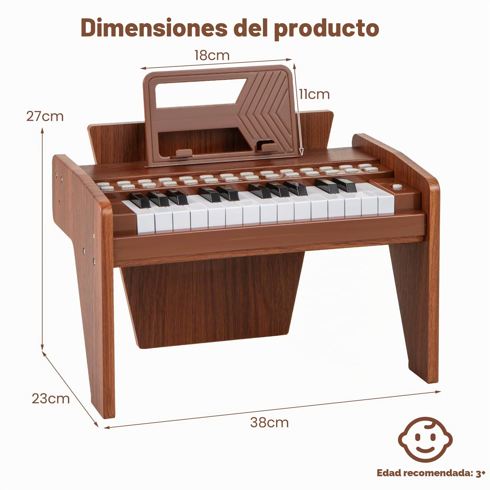 KOMFOTTEU Teclado de Piano de 25 Teclas para Niños, Piano Electrónico de Madera con Atril, Mini Teclado Digital con Grabación/Reproducción, Modo de Enseñanza, Instrumento Musical Infantil (Marrón)