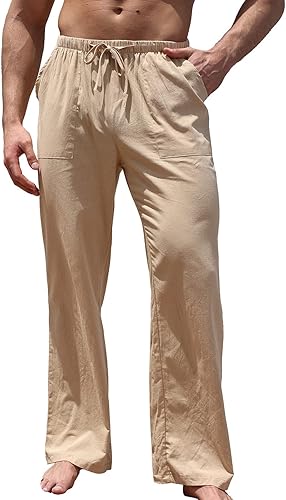 WOWULOVELY Pantalones casuales de lino de algodón para hombre, holgados, ligeros, con cintura elástica, pantalones de yoga, playa, bolsillos