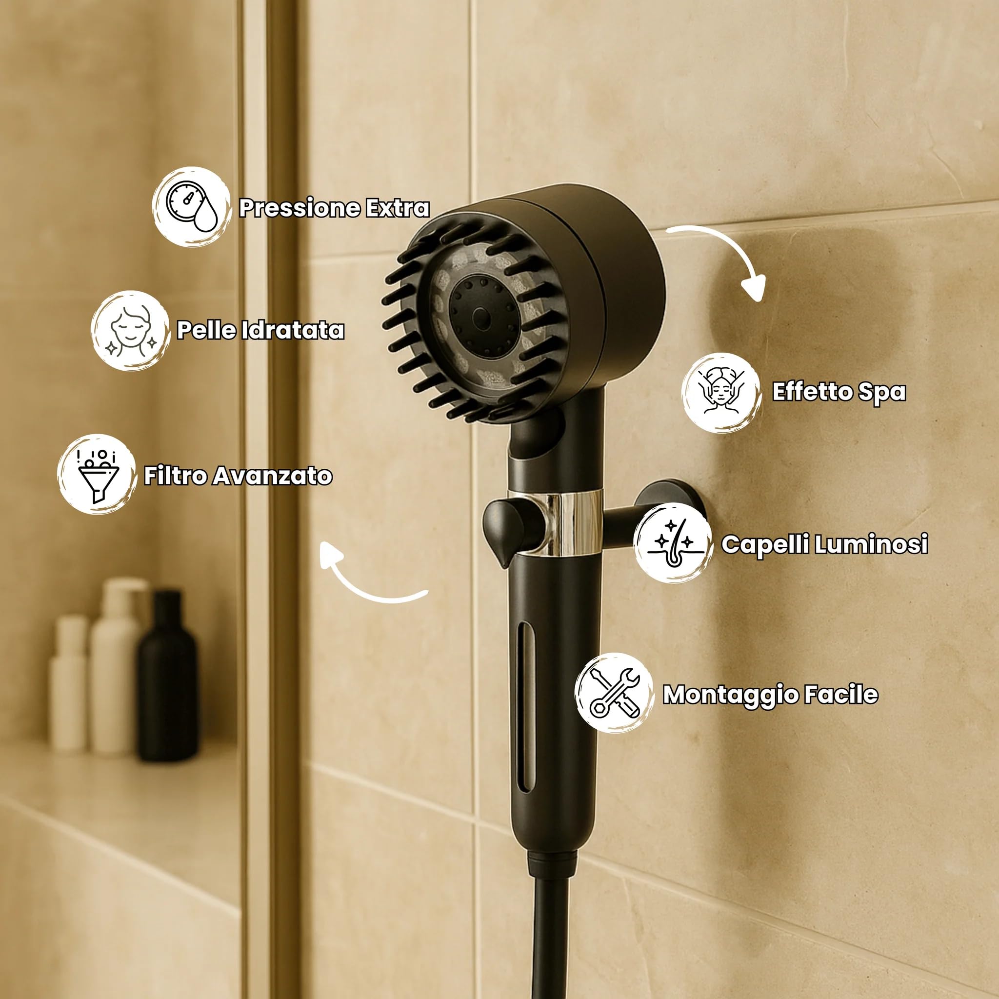 Pulifer Soffione Doccia Filtrante 3 Modalità – Con Doccetta, Filtro 18 Strati E Tubo 1,5 M, Installazione Facile