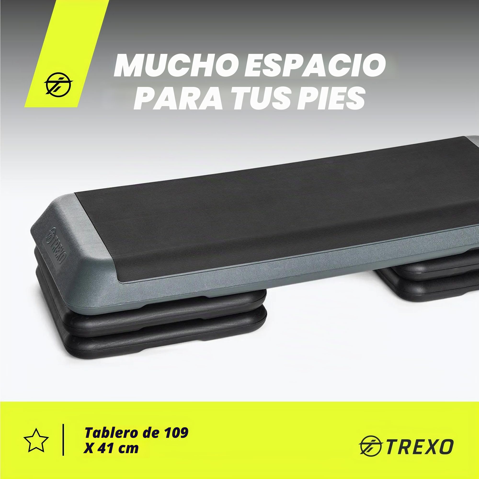 TREXO Aerobic Step para Ejercicios Cardio Fitness Altura Ajustable 10-15-20 cm Superficie Grande 109 x 41 cm Materiales Duraderos de Alta Calidad Entrenamiento Hasta 250 kg VERDE|NARANJA|MORADO