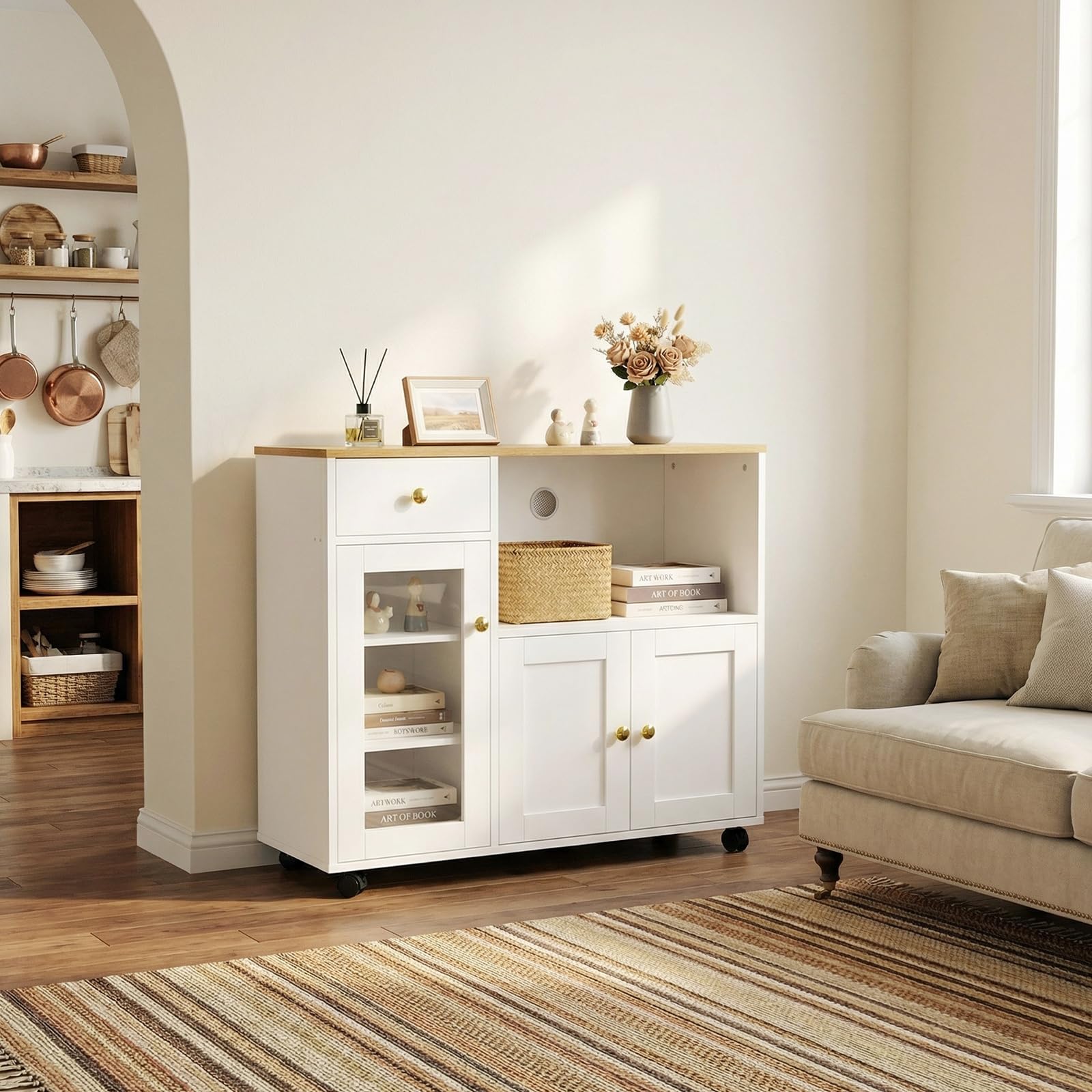 Küchenschrank mit Arbeitsplatte, Buffetschrank, Sideboard Küche mit Mikrowellenregal, Verstellbare Ablagen, für Küche, Esszimmer, Wohnzimmer, Weiß, 90 x 40 x 81.5 cm