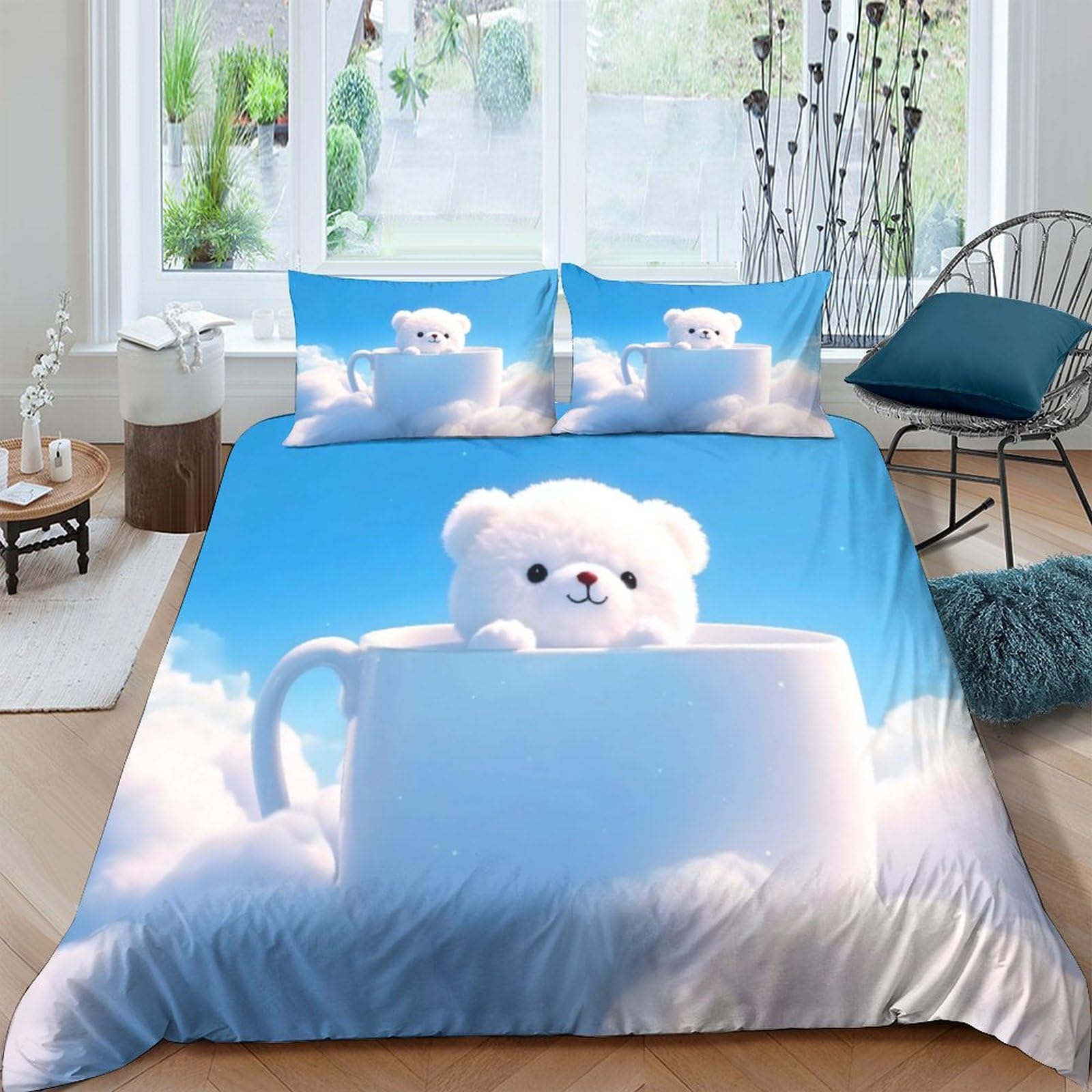 Housse de couette ours bleu 3D | Parure de lit double 200x200cm imprimé ciel avec 2 taies