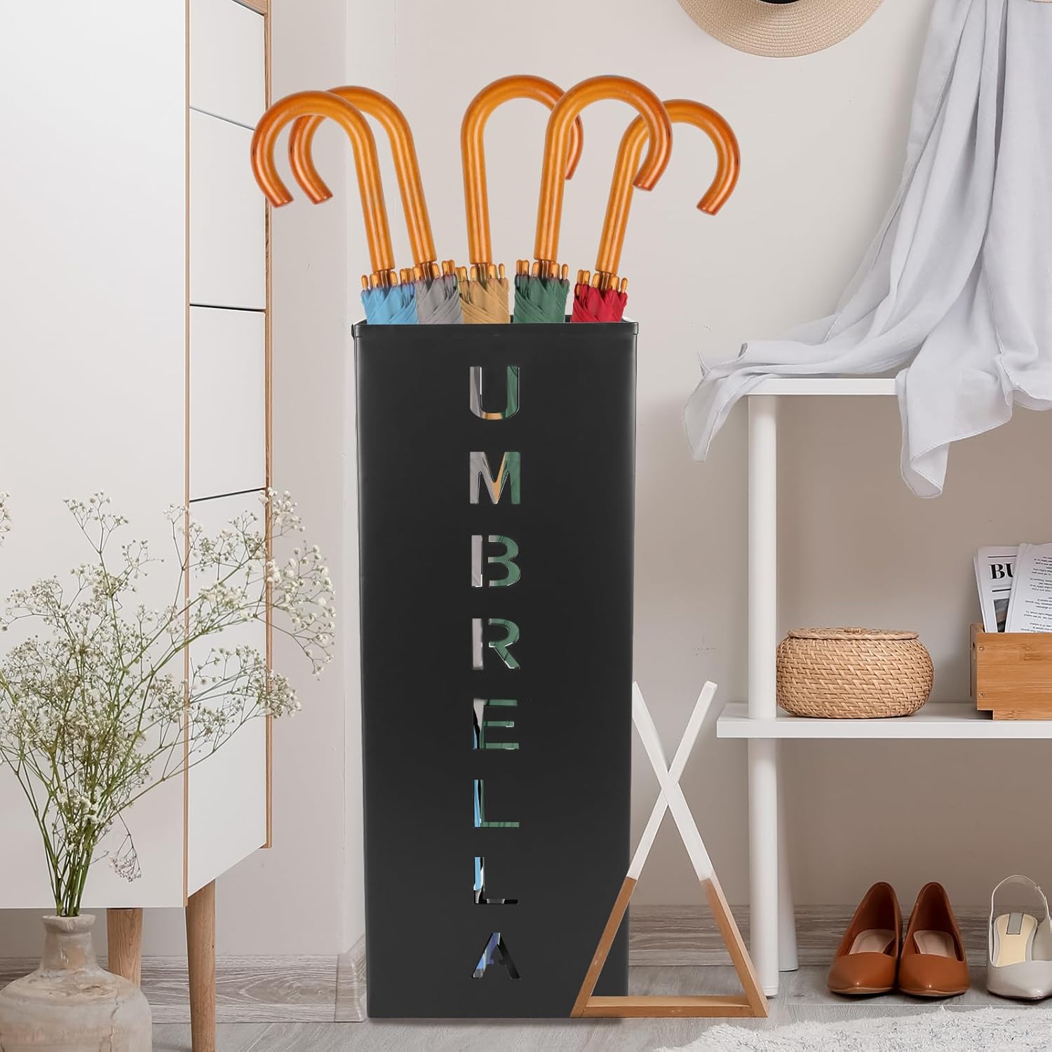 Metal Umbrella Holder, 16.5x6.3x6.3inch Square Free Standing Umbrella Rack Decorative Umbrella Holder Bin Multipurpose Walking Sticks Holder for Umbrella Cane Entryway Home Office (Style A)