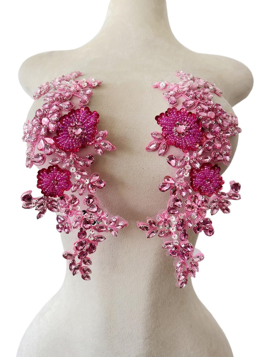XZG.beatal Handmade Shining Rhinestones lace Applique Patches Sewing Beads Sequins Stone Trim Accessories for Wedding Dress 1 Pair/Bag 11X4.3inches (Pink Rose red)